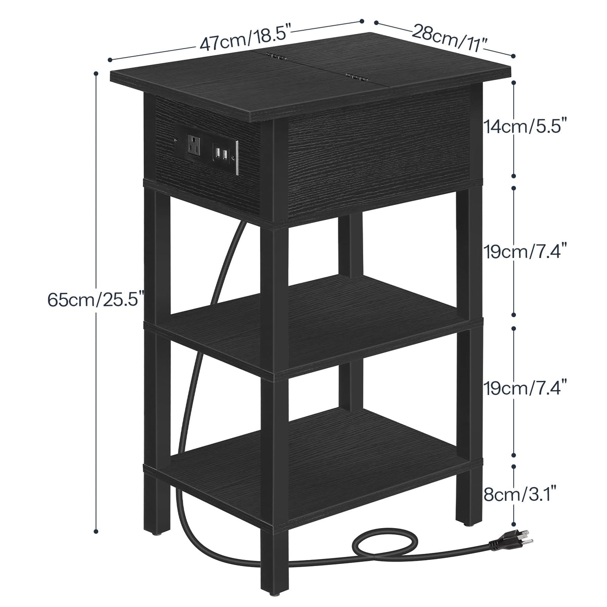HOOBRO End Table with Charging Station, Flip Top Side Table with USB Ports, Narrow Nightstand Bedside Tables with Storage Shelves, for Small Space, Living Room, Black BK141UBZ01