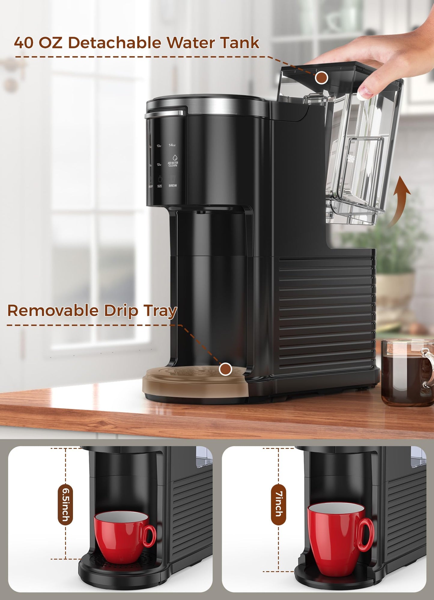 COWSAR Commercial Single Serve Coffee Maker, K Cup Coffee Brewer for Capsule and Ground Coffee, Capsule Coffee Machine with 40 Oz Water Tank, Instant-Heat, 5 Brew Sizes Up To 14 Oz, Classic Black