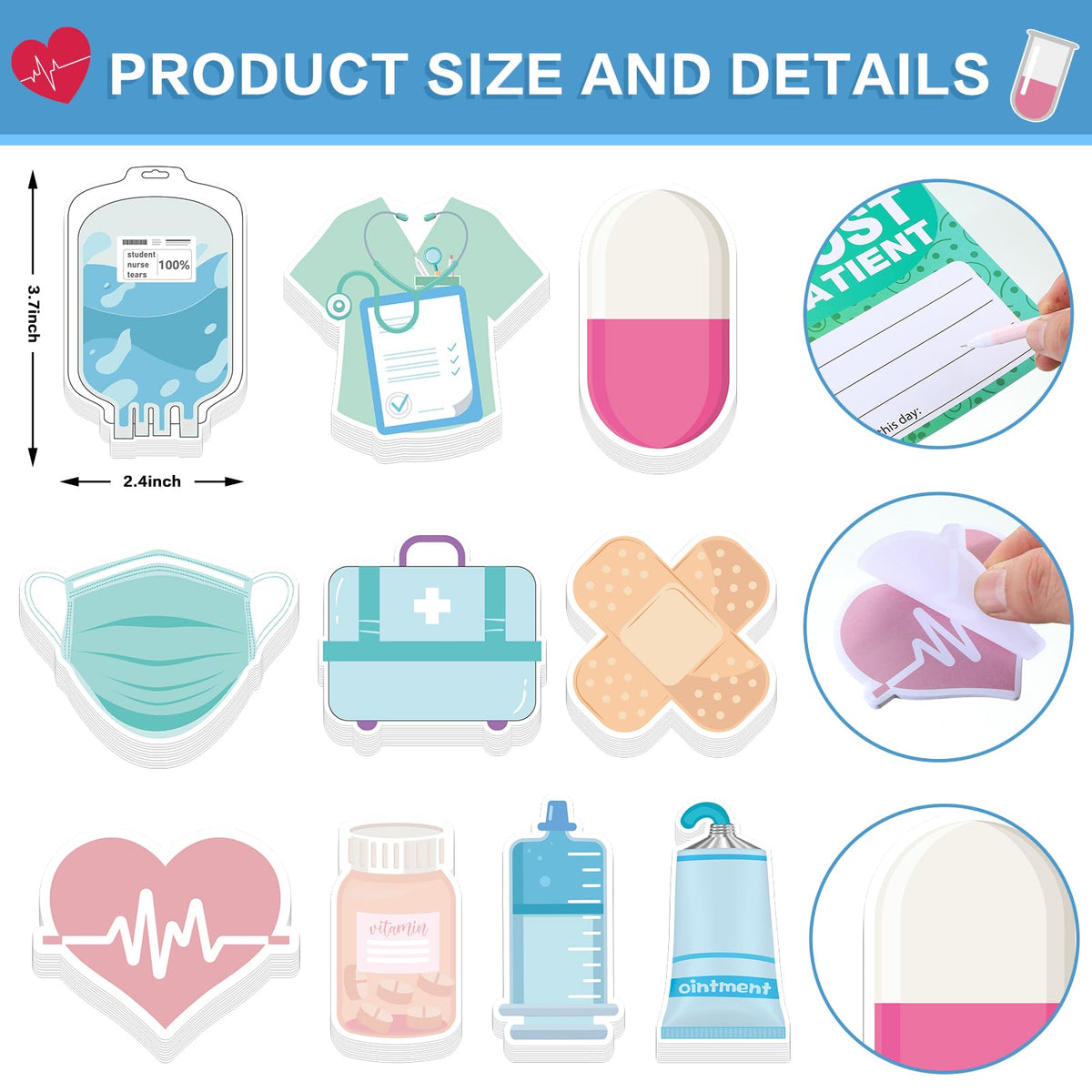 Janlaugh 40 Pcs Mini Funny Nurse Sticky Notes Cute Nursing Pens Set Nurse Pens with Medical Assistant Badge Supplies Nursing Essentials Gifts for Medical Hospital