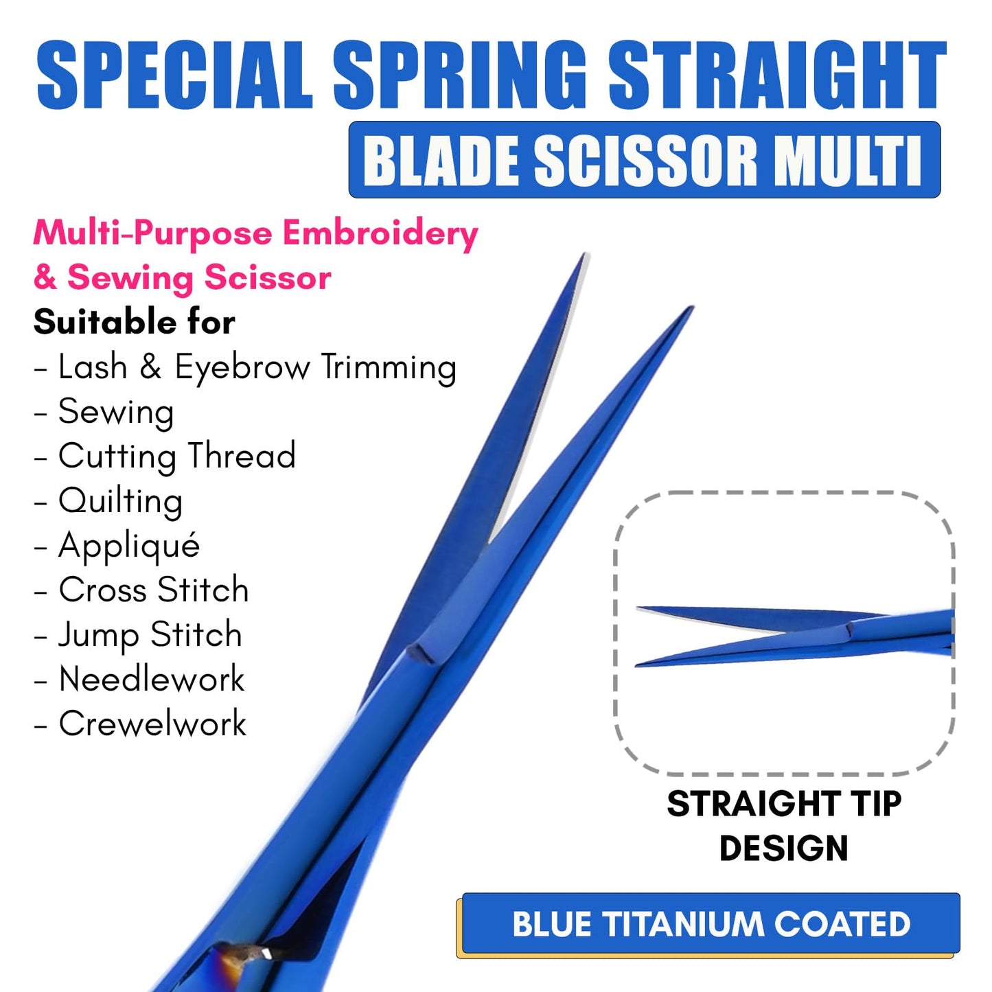 Cross Edge Spring Scissors 5 Inch straight Stainless Steel Precision Eyebrow & Eyelash Shaping & Trimming Scissor, Snips Squeeze, Embroidery & Knitting Micro Tip Craft (Blue)