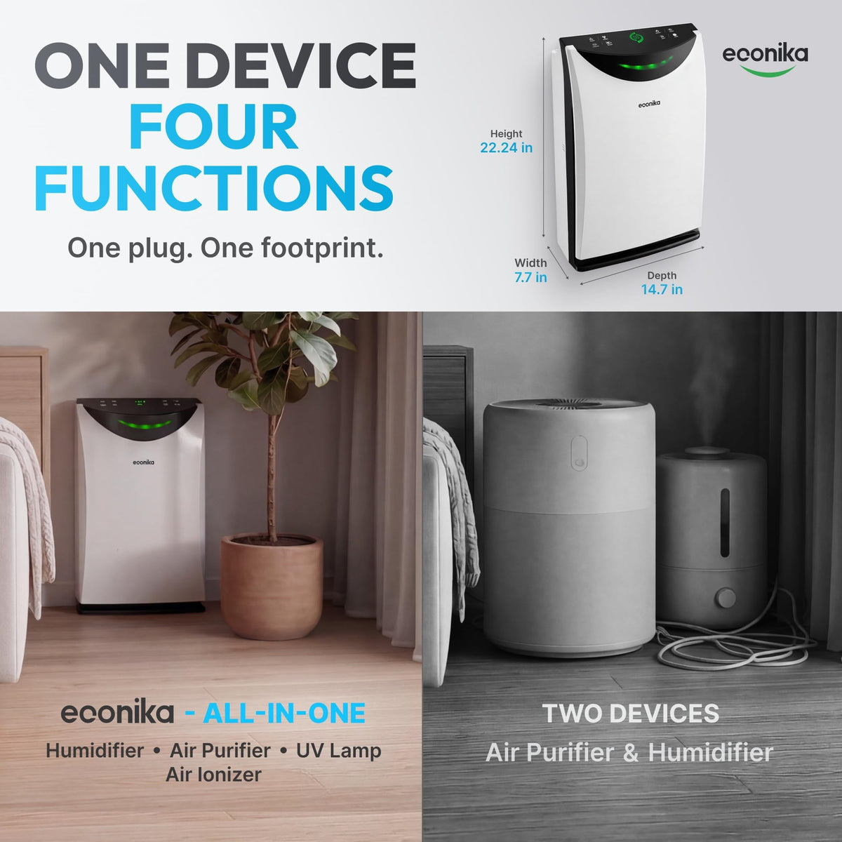 4 in 1 Humidifier and Air Purifier in One Large Room HEPA Air Purifier Humidifier Combo with UV Light, Whole House Large Room Cleaner Up to 1,035 Sq Ft