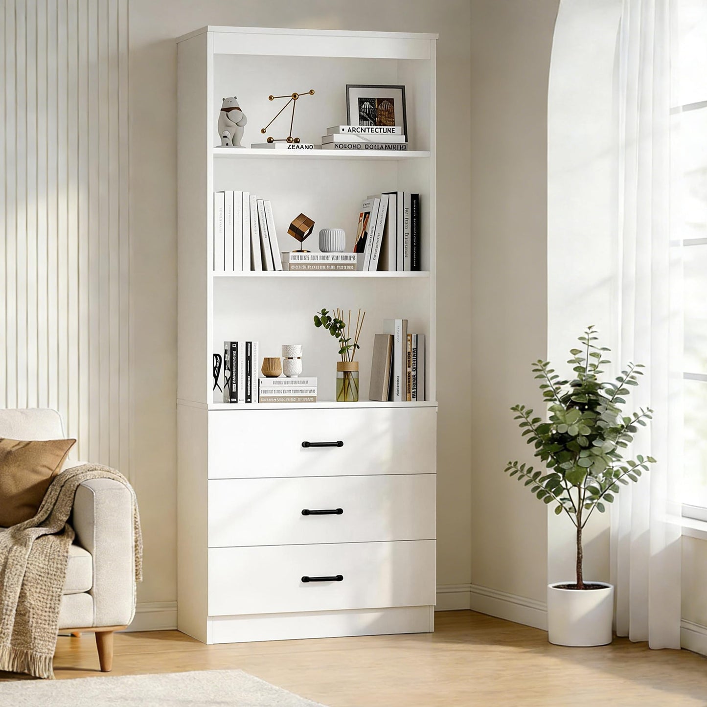 OneBlis 70" H Bookshelf with Drawers, Tall Bookcase with 3-Tier Open Shelves, Bookshelf and Bookcase with Storage Cabinet for Home Office,Living Room(White, 6-Tier)