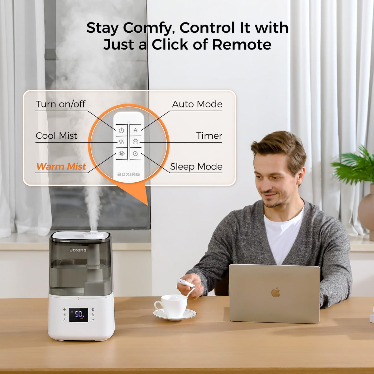 BOXING 4.5L Warm and Cool Mist Ultrasonic Humidifier for Bedroom Large Room, Top Fill Essential Oil Diffuser with Remote, Auto Shut-Off Quiet Sleep Mode, Humidistat, Timer, BPA-Free, 45H Runtime
