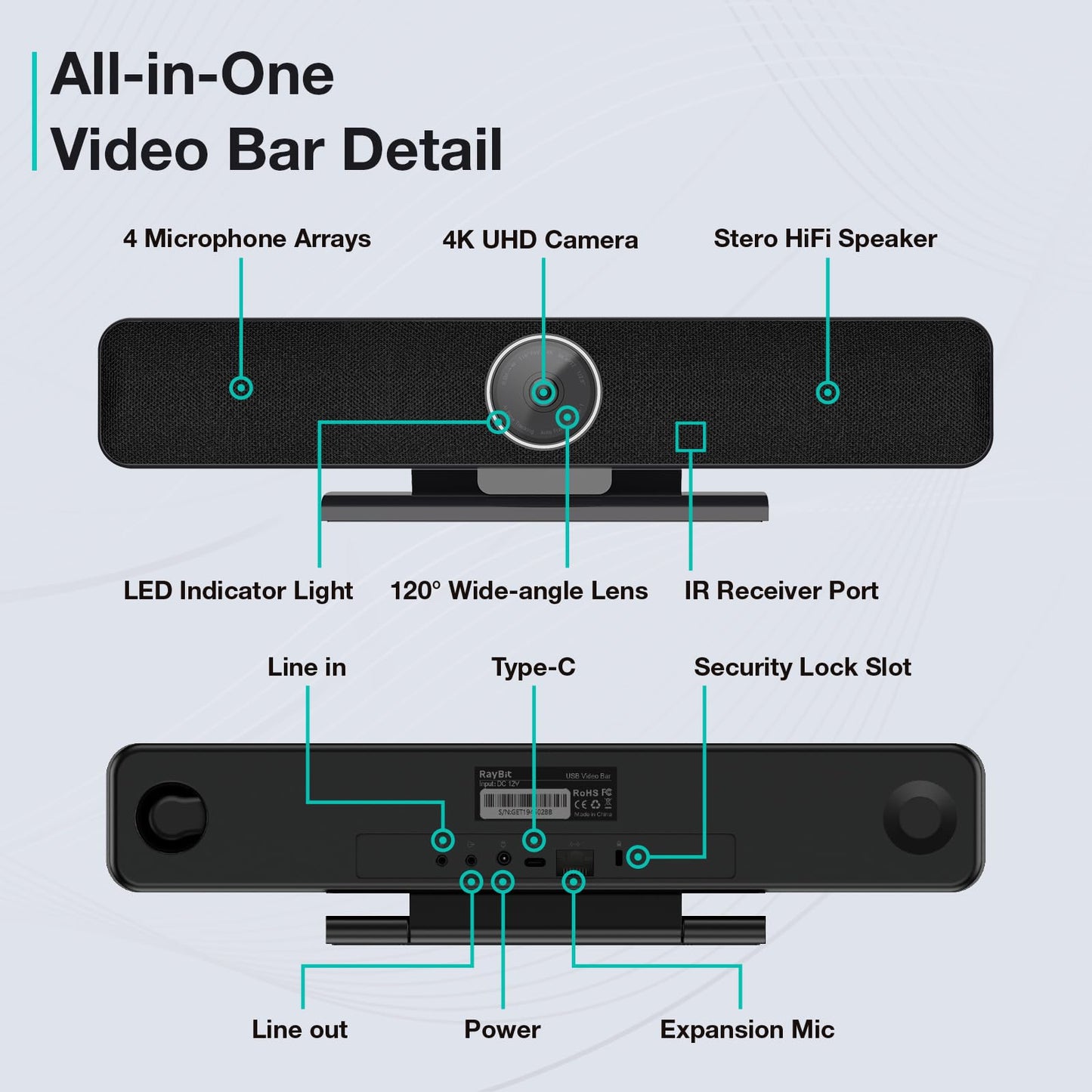 RayBit TB5 Video Conferencing System - Zoom Certificated, Ultra 4K Pro Audio and Video Conference Room Camera with 4 Microphone Arrays & Stereo Speakers, 120° Wide Angle Webcam for TV/Meeting Room