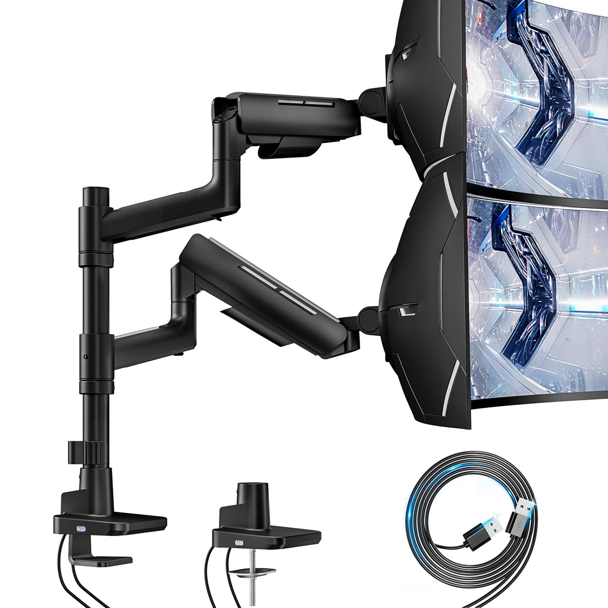 ARES WING Dual Monitor Mount for 17-49 Inch Ultrawide Heavy Duty Curved Screen Stacking, Computer Monitor Arm Desk Mount with USB, Gas Spring Adjustable Vesa Stand, Black