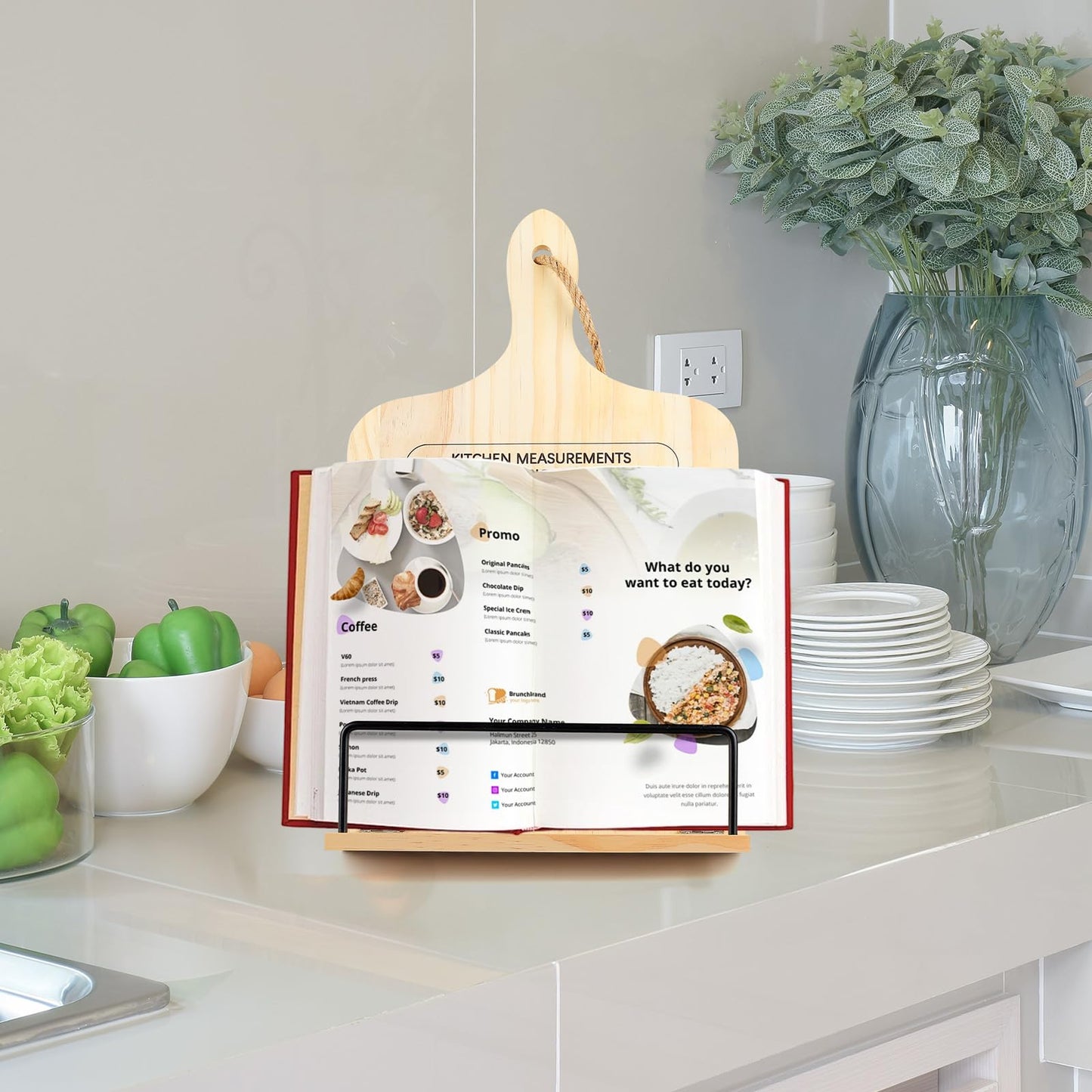comfoyar Cookbook Stand for Kitchen Counter, Sturdy Recipe Book Holder with Adjustable Angle, Foldable Wood Cook Book Stand Holder with Measurement Conversion Chart, Easy Storage