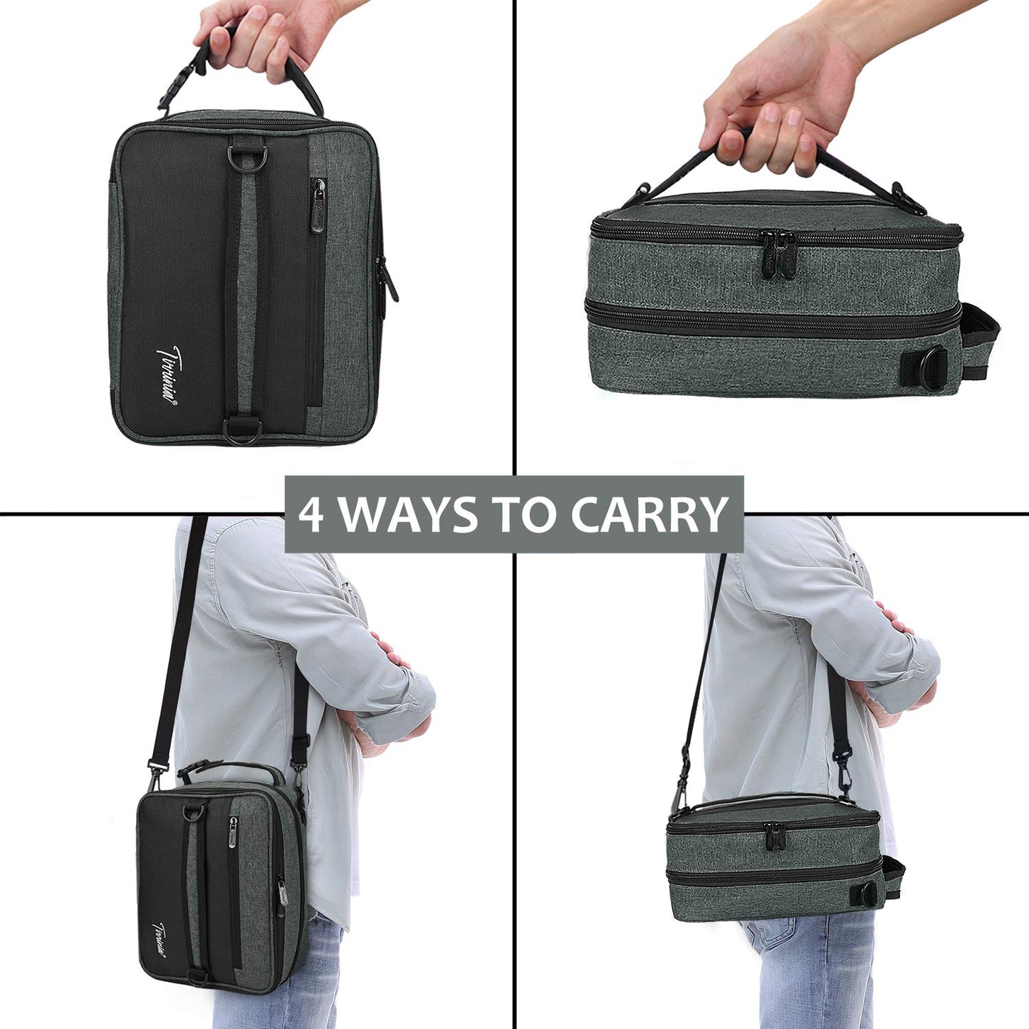 Tirrinia Expandable Insulated Lunch Bag for Men Women – Leakproof Reusable Cooler LunchBox for Kids & Adults with Shoulder Strap, Perfect for Work, School, Office, Travel,Charcoal