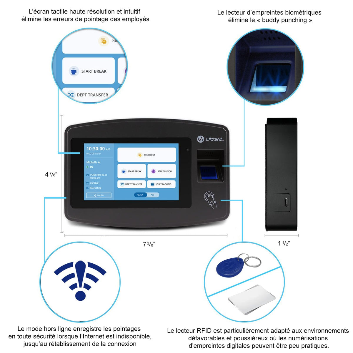 uAttend JR2000 Biometric Fingerprint, RFID, PIN Time Clock for Small Business – Cloud-Based Attendance System with Optional Payroll Integration – All-in-One System