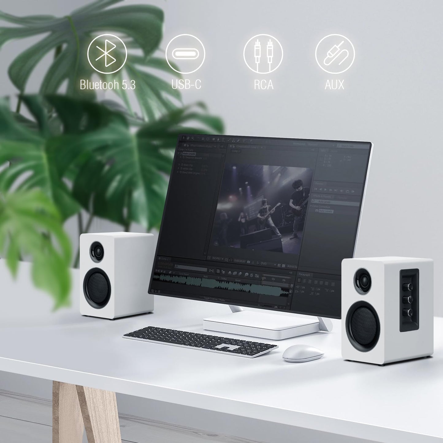 Computer Speakers for Desktop PC, Active Bookshelf Speaker with 3" Carbon Fiber Woofer and Silk Film Tweeter, Supports Bluetooth 5.3, USB-C, AUX/RCA Input for Record Player TV - White Stereo Set