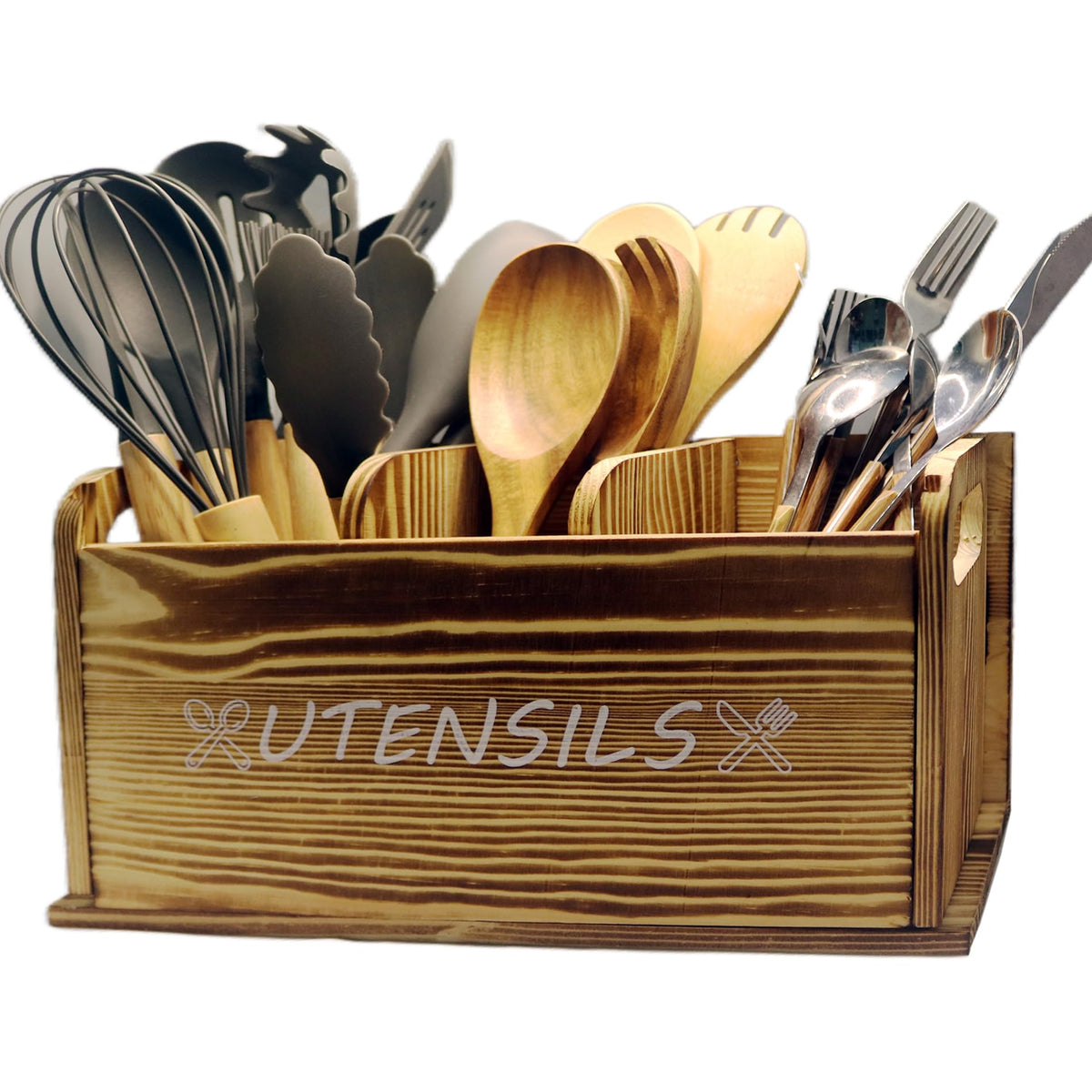 ST-BEST-P Utensil Holder Rustic Wood White Large Farmhouse Spatula Organizer for Kitchen counter Farmhouse,Countertop,Cooking Tools Storage (Wood)