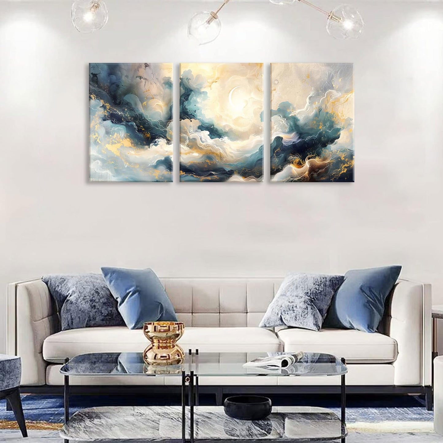LYPHNX Framed Blue Abstract Fantasy Canvas Wall Art Minimalism Ink Painting Poster Set of 3 Modern ArtWork Navy Blue Gold Marble Prints Pictuer Wall Decor for Living room Bedroom Office Hotel 12"x16"