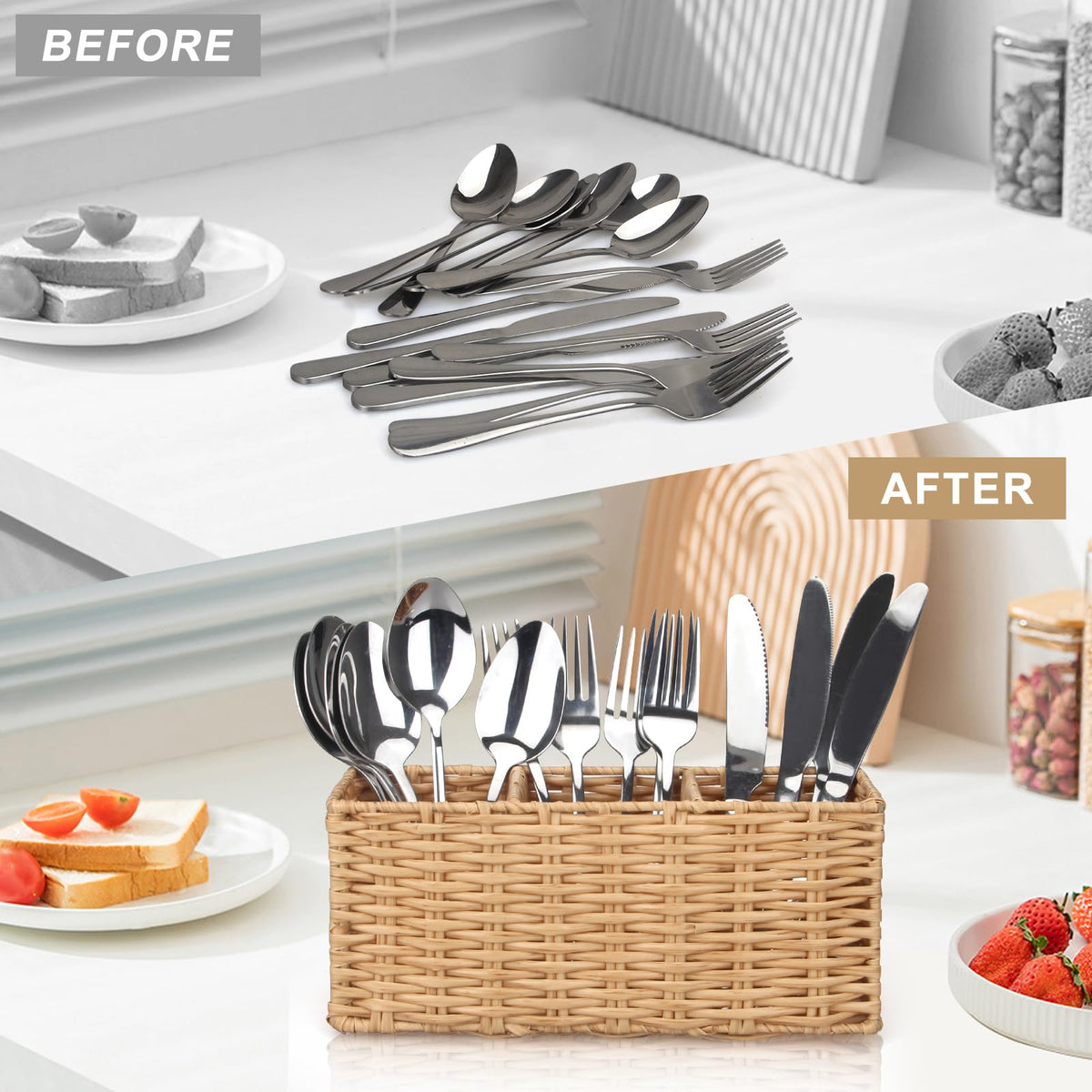 Ayiaren Wicker Flatware Silverware Caddy Cutlery Holder Kitchen Silverware Organizer Storage for Countertop Small Utensil Holders Party Table Spoon Knives Fork Holder Flatware Utensils Caddy Basket