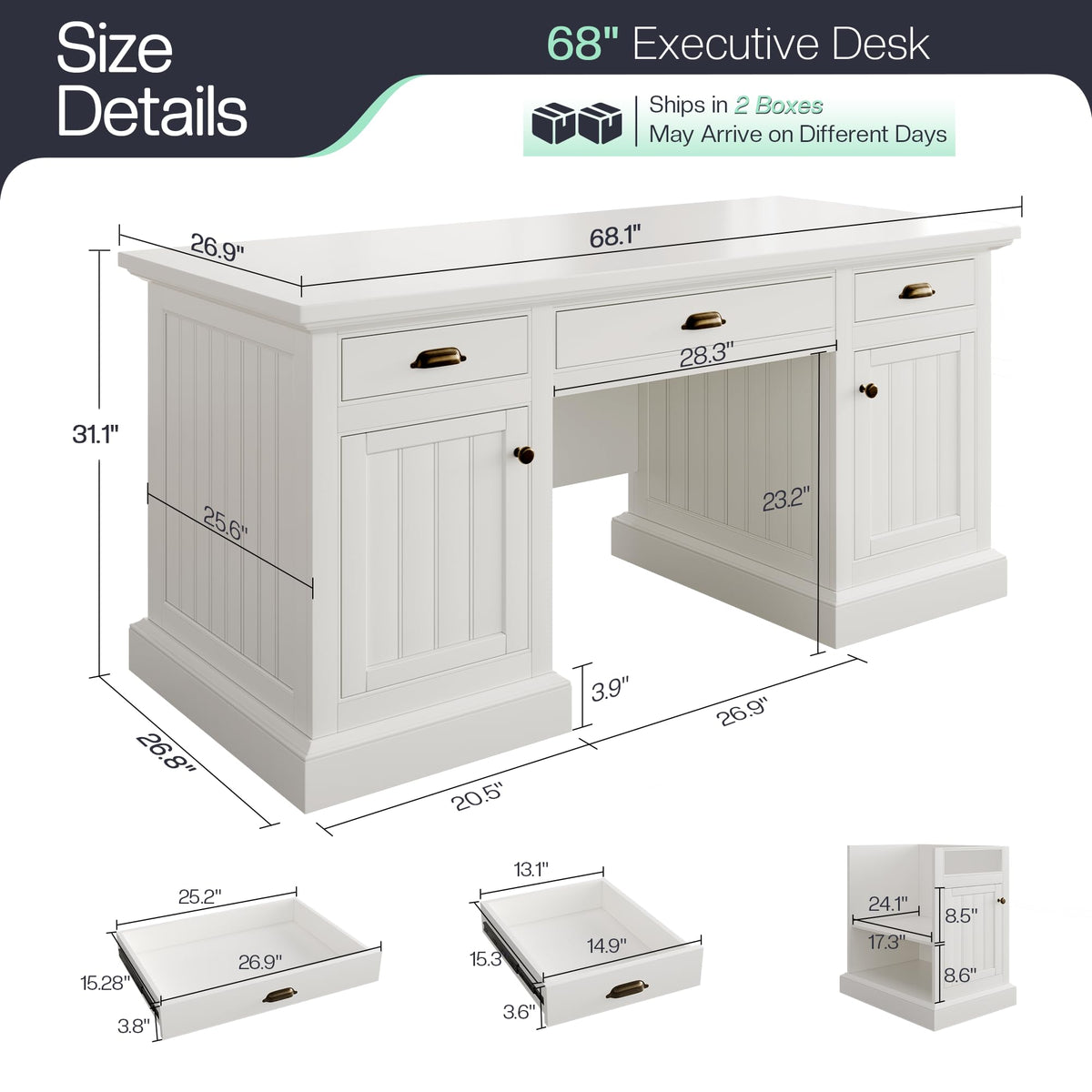 Jocisland 68" Executive Desk for Home Office & Study, Fluted Panel Computer Table with 3 Drawers and 2 Cabinets, Farmhouse Writing Desk – Pure White