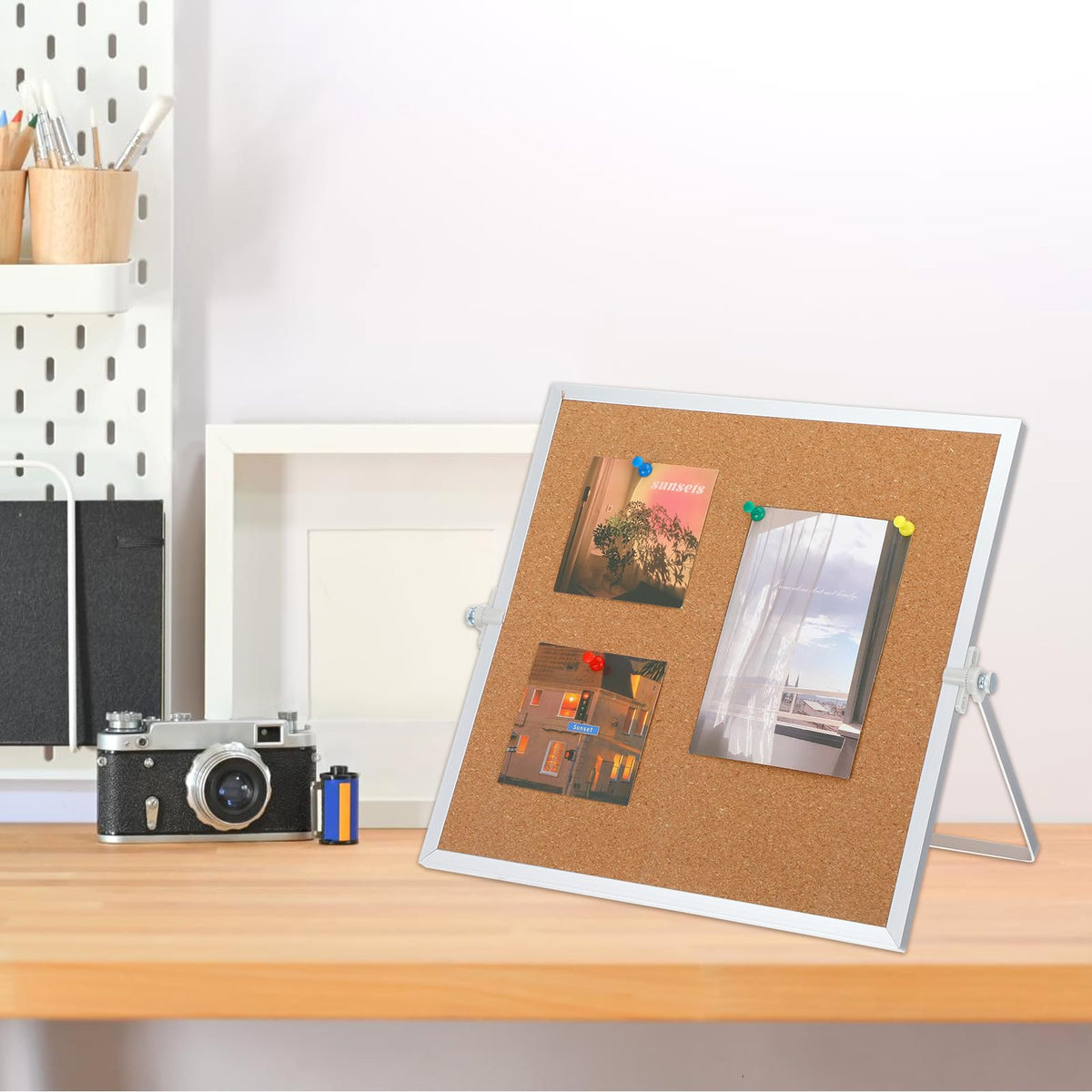 2 Pack Cork Board Bulletin Board, Double Sided Pin Board with Silver Aluminum Border, Desktop Small Cork Board with Stand Suitable for Home, Office, Desk Message Board or Picture Board 9.8"×9.8"