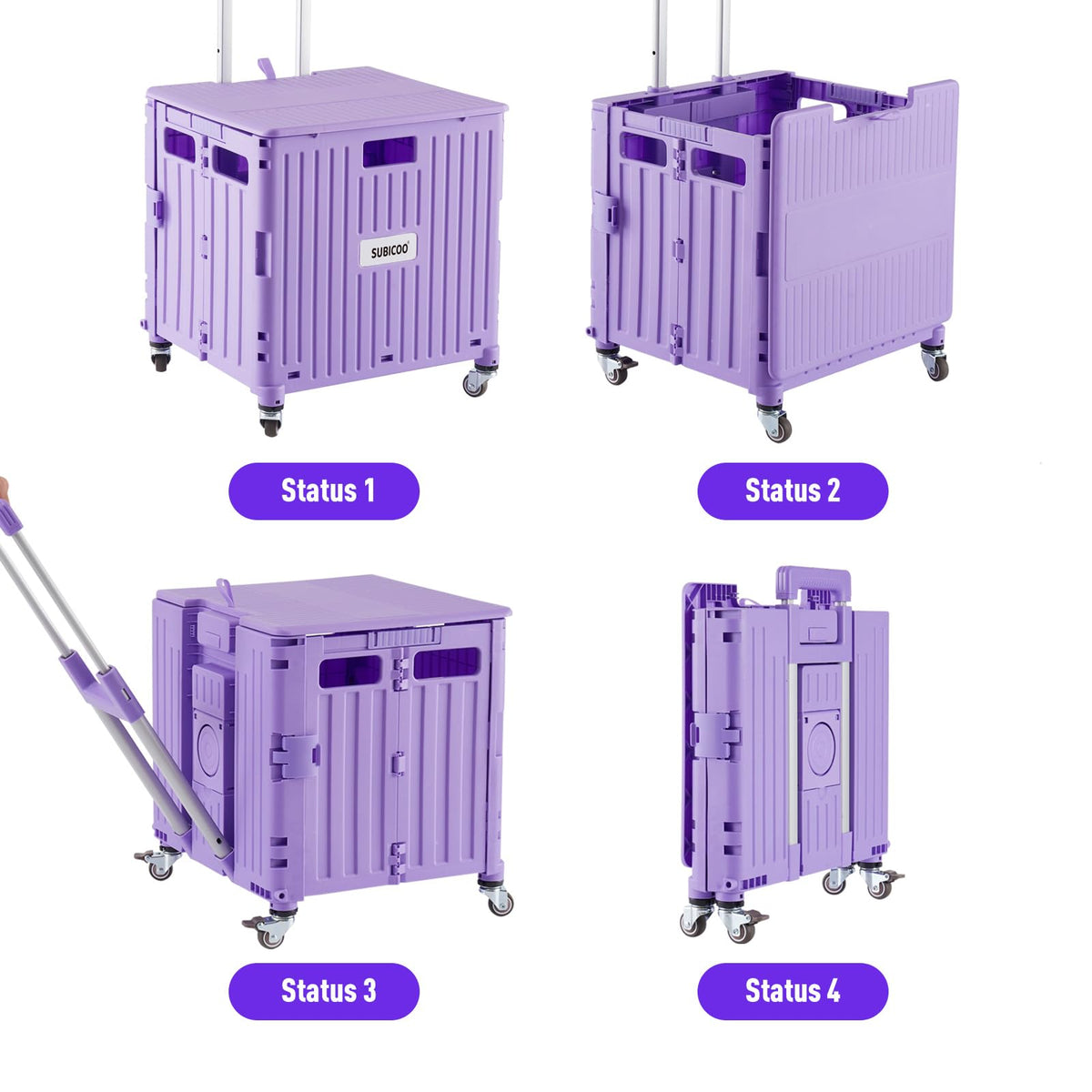 Folding Utility Cart Portable Rolling Crate Handcart Shopping Trolley Collapsible Tool Box, with Lid, Basket on 4 Rotate Wheels, for Grocery, Shopping, Office, Storage, Teacher (Purple)