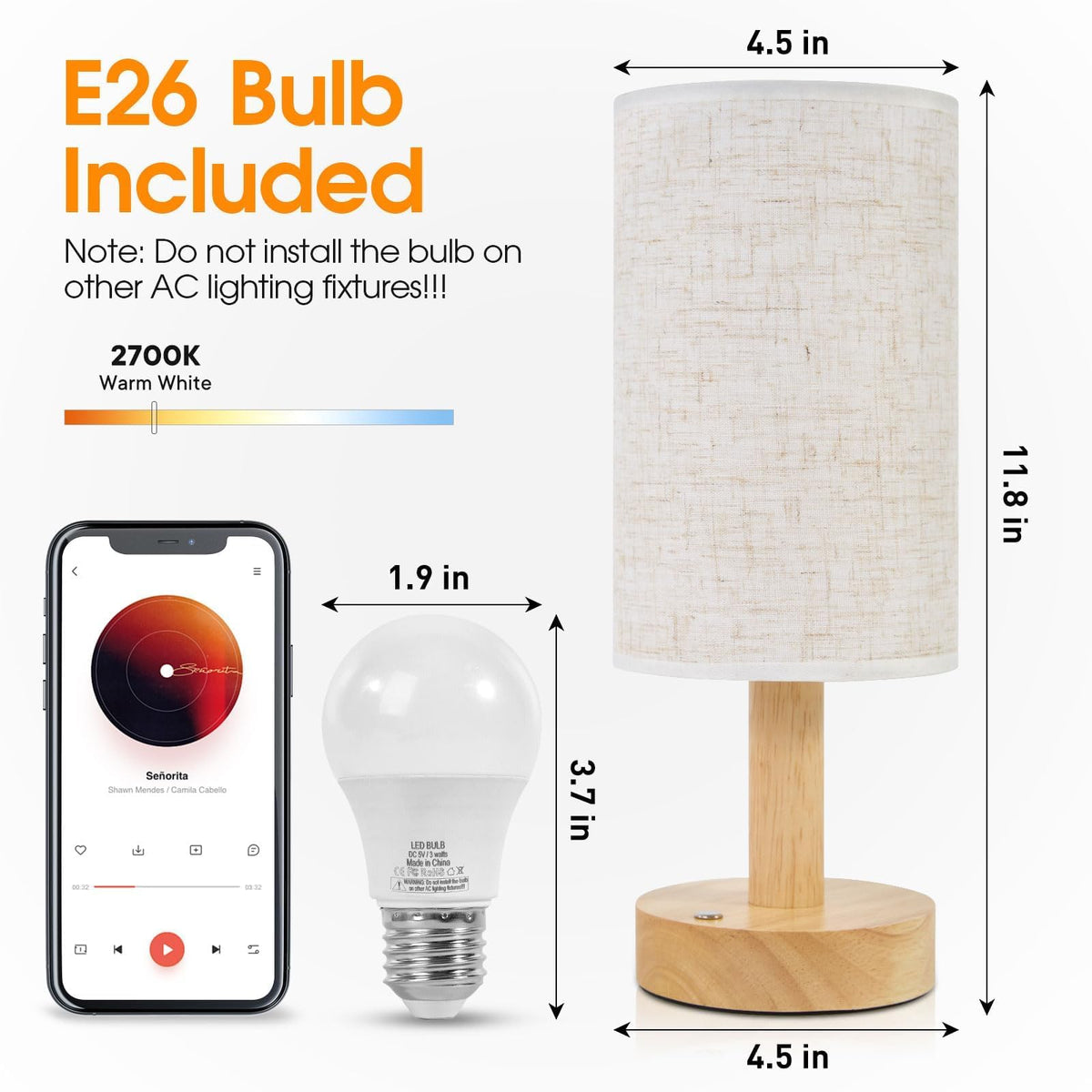 Rechargeable Cordless Table Lamp,Touch Control&Stepless Dimming,Wireless Bedside Ambient Night Light with Wood Base&Linen Shade,Portable Battery Lamp for Bedroom,Nightstand,Nursery,Camping,Outdoor