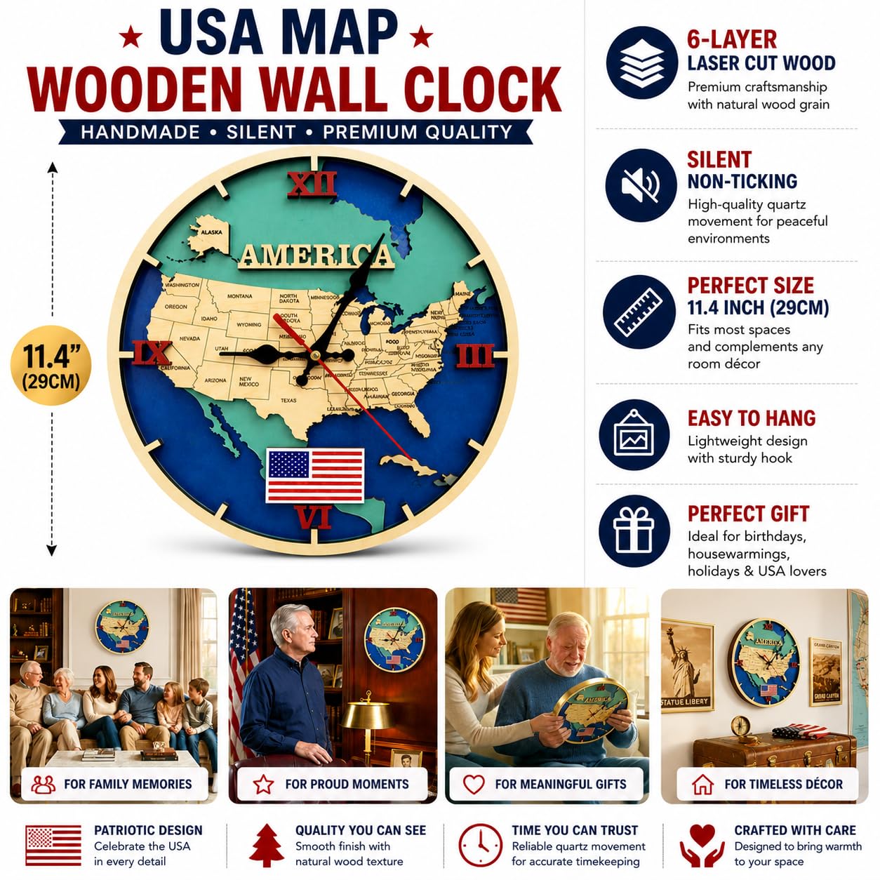 VIVUMAP Wooden Wall Clock USA Map Design 11.4 Inch Silent Non-Ticking, Handcrafted 6-Layer Laser Cut Wood with Gold Frame, Premium Decorative Wall Clock for Living Room, Bedroom, Office