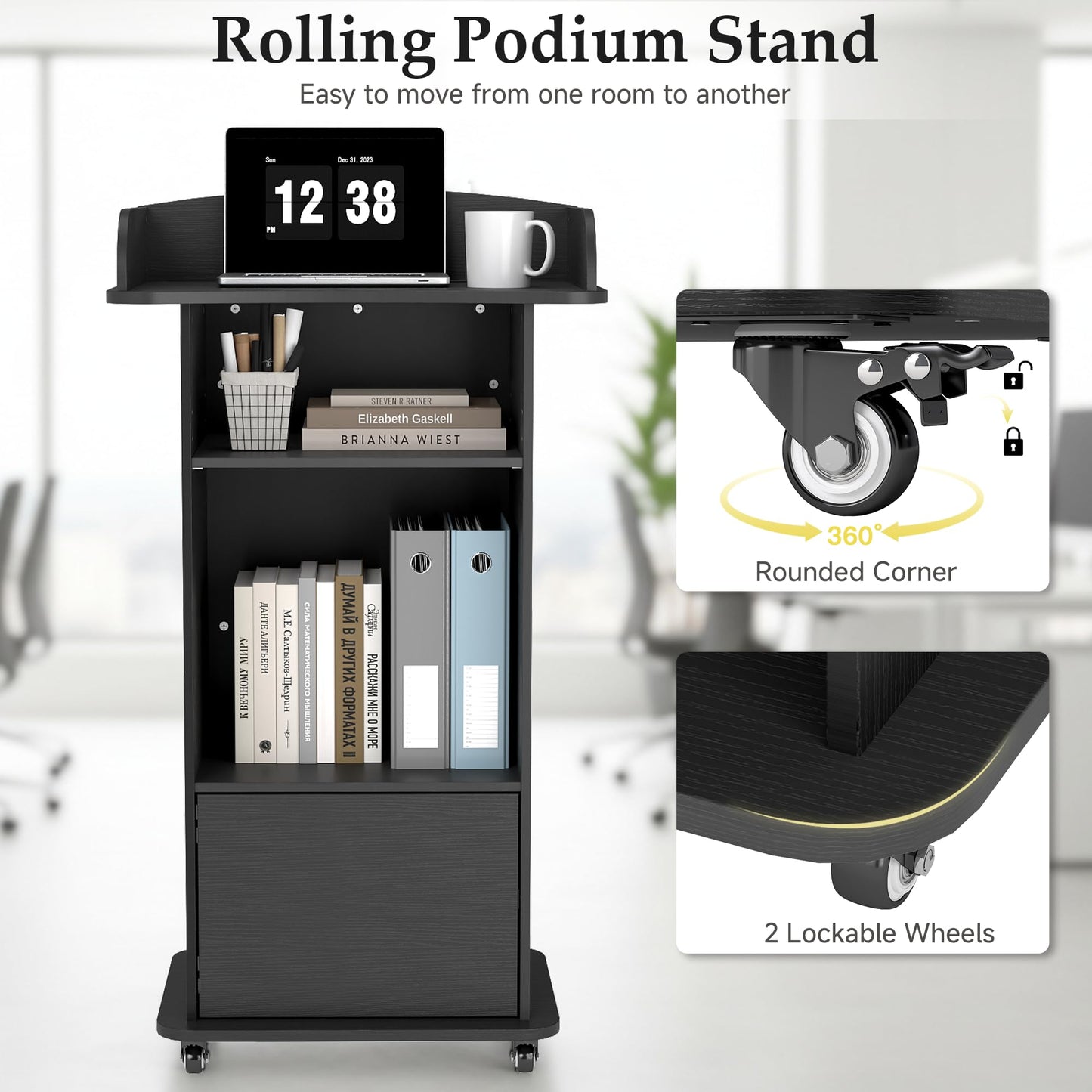 Suuiwau Portable Podium Stand with 4 Metal Wheels, Mobile Lectern Stand with Storage for Church Classroom Restaurant Reception Office Presentation, Wooden Pulpit Desk for Hostess Teacher (Black)