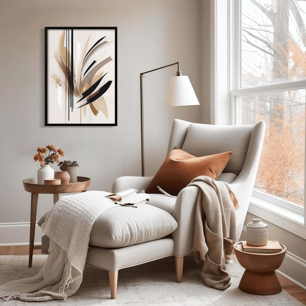 Framed Feather Lines Abstract Canvas Wall Art Print Modern Minimalist Poster Picture Living Room Bedroom Office Gallery Decor Living Room Bedroom Office Apartment 12X16 Inch Ready to Hang