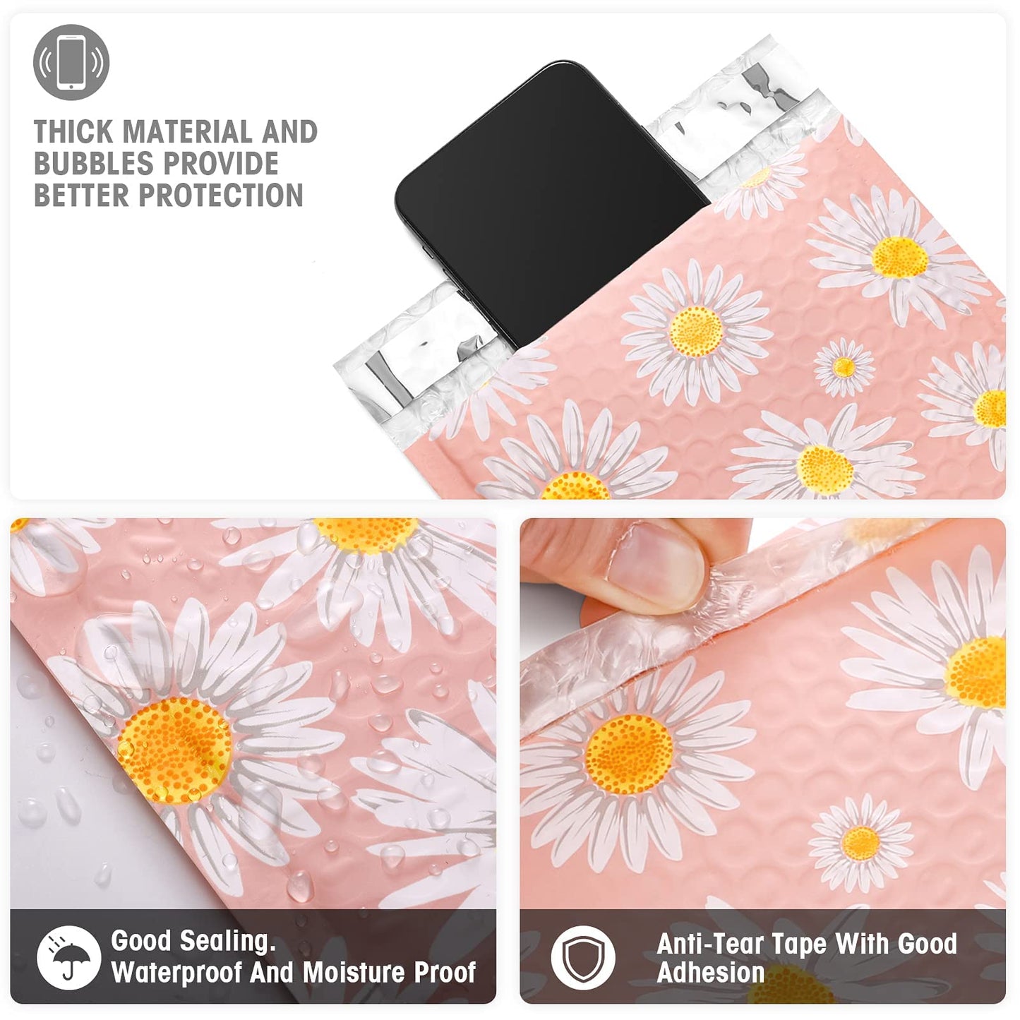 Metronic Bubble Mailers 6x10 Inch 100 Pack Pink Bubble Mailer Usable Size 6x9 Self-Seal Adhesion Padded Envelopes Pretty Padded Mailers for Jewelry, Makeup, Cards, Fancy Daisies