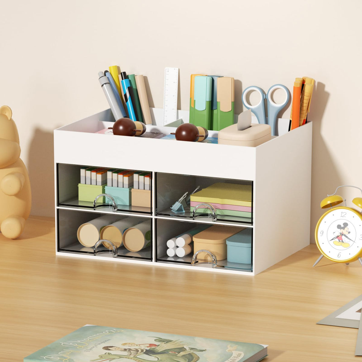 Marbrasse Pen Organizer with 4 Drawer, Multi-Functional Pencil Holder for Desk, Desk Organizers and Accessories with 4 Compartments + Drawer for Office Art Supplies (White)