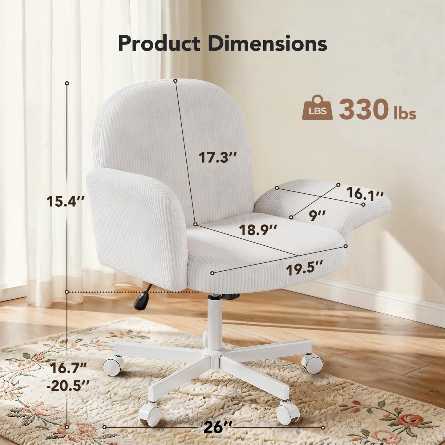 HUANUO Criss Cross Office Chair for Women, Cross Legged Desk Chair with Adjustable Armrests, Soft Corduroy Fabric for Small Spaces, Petite Home Office Computer Chair for Girls, White