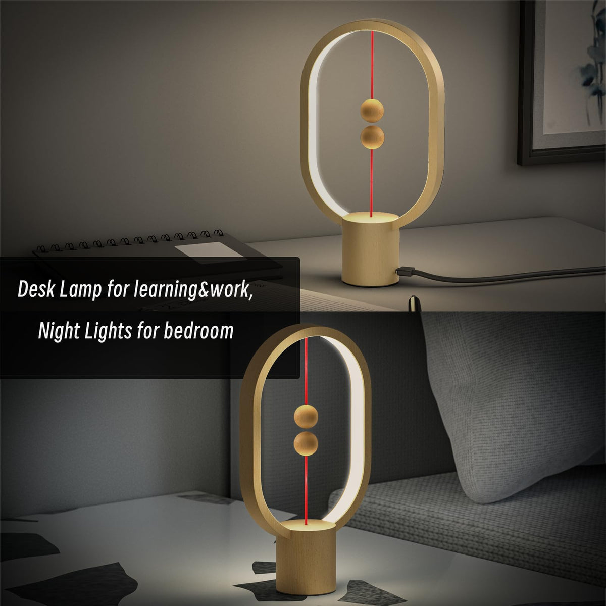 Xhope4u Bedroom Lamps - Mini Balance Lamps, Birthday Gifts, Bedside and Nightstand Lights, Plug-in Night Lights with Magnetic Base for Home, Office, and College Dorm (Wood Color)