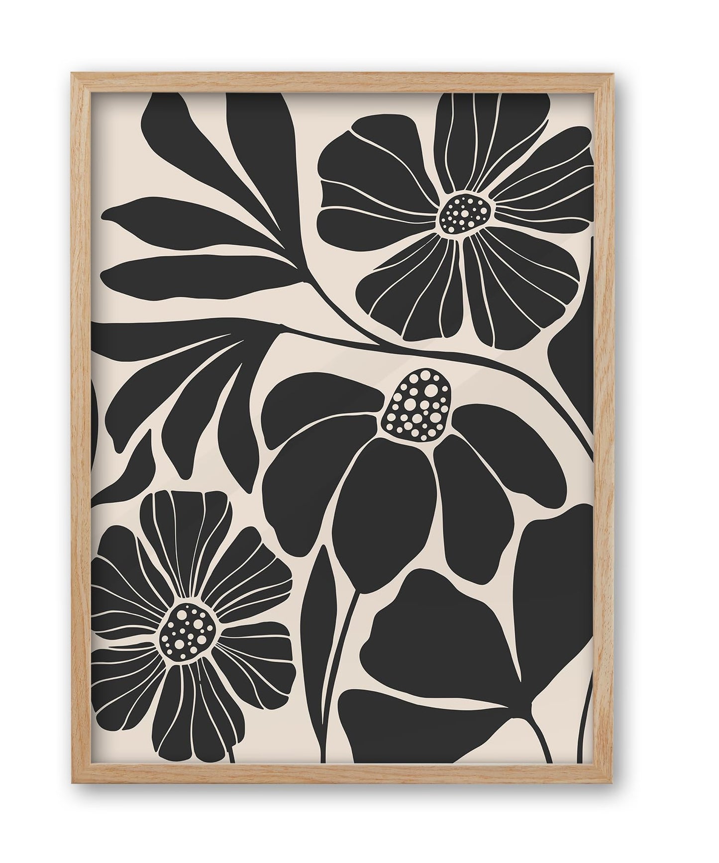 iHery Natural OAK Wood Abstract Botanical Framed Wall Art, 12x16 in Beige Black Flower Canvas Wall Art Modern Mid Century Botanical Neutral Wall Decor Set of 1 For Bedroom Living Room