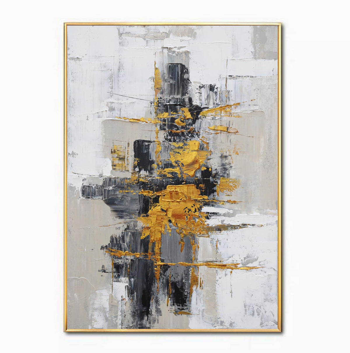 Hand-Painted Abstract Living Room Wall Art,Framed Large Black and White Canvas Oil Painting for bedroom,3D Gold Thick Textrued Abstract Wall Decor for Office Home Decoration 32x48 inches