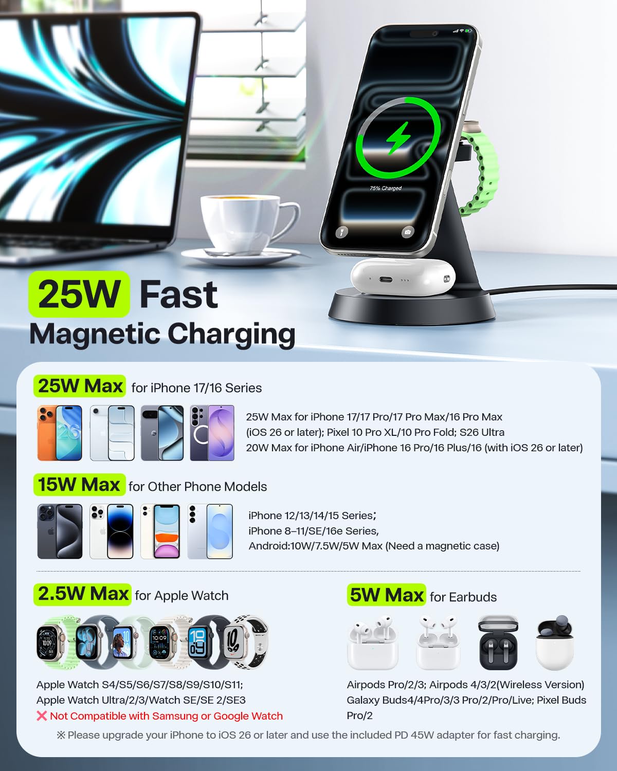 25W Fast Charging Station Designed for MagSafe Charger for iPhone 17 16 Series, 3 in 1 Magnetic Wireless Charging Stand with 45W Adapter for iWatch & Earbuds, Charger Dock with Heat Dissipation