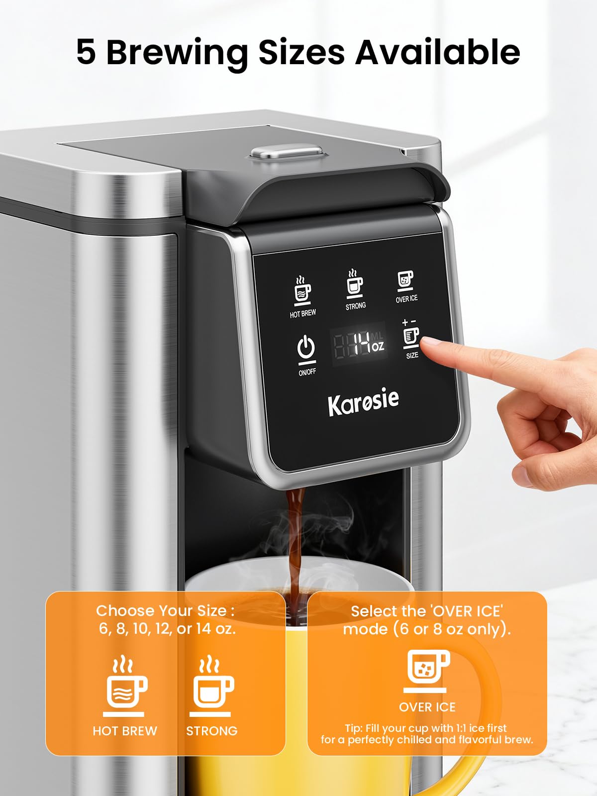 Karosie K Cup Coffee Maker, Hot & Iced Coffee Maker for K Cup and Grounds, 6-14 Oz Brew Sizes, 50oz Removable Tank, Single Cup Coffee Maker with Descaling Reminder, Stainless Steel, Black