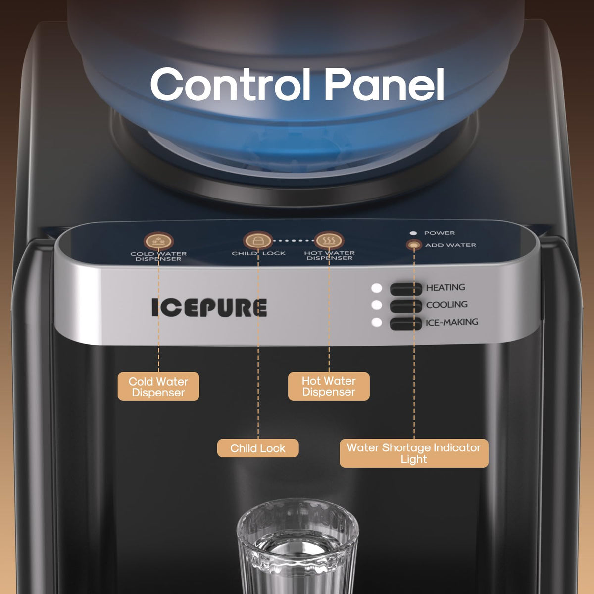 ICEPURE 3-in-1 Water Dispenser with Built-in Ice Maker, Water Cooler Dispenser for 5 Gallon Bottle Top Loading, Hot and Cold Water Dispenser with Child Lock for Home and Office, 33lbs/24H