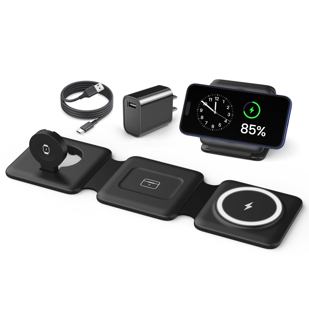 Magnetic Wireless Charger for iPhone: Fodable 3 in 1 Charging Station for Multiple Apple Devices - Travel Charging Pad Dock for Apple Watch iPhone 17 16 15 14 13 12 Pro Max Plus & Airpod