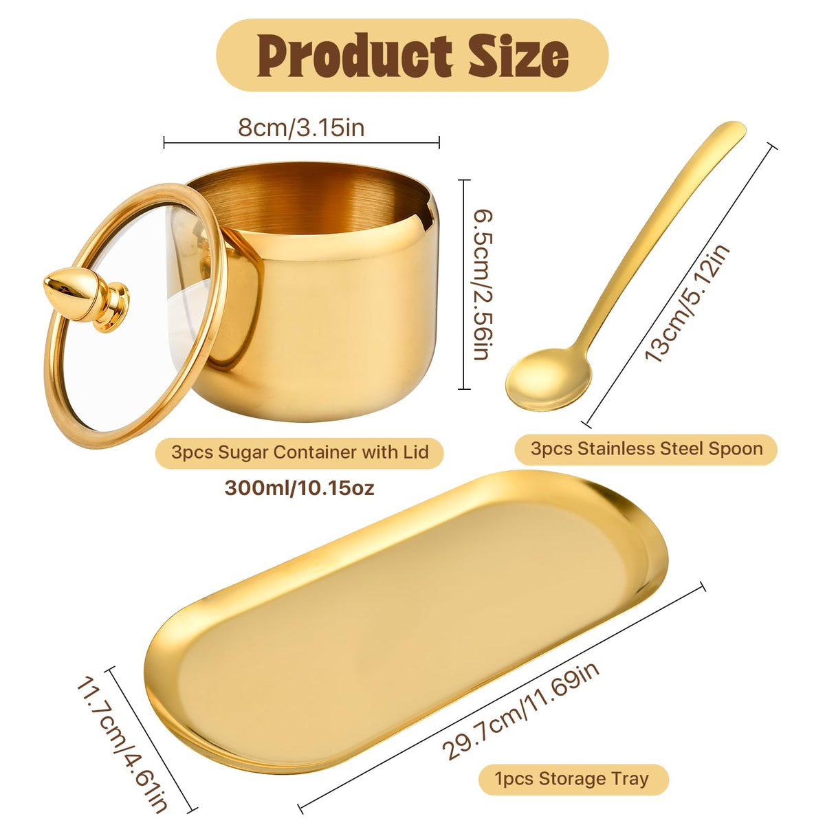 Akamino Set of 3 Stainless Steel Sugar Container with Glass Lid and Spoon, Gold 10oz Seasoning Jar Condiment Pots with Serving Tray, Kitchen Canisters Set for Pepper, Salt, Spice, Candy