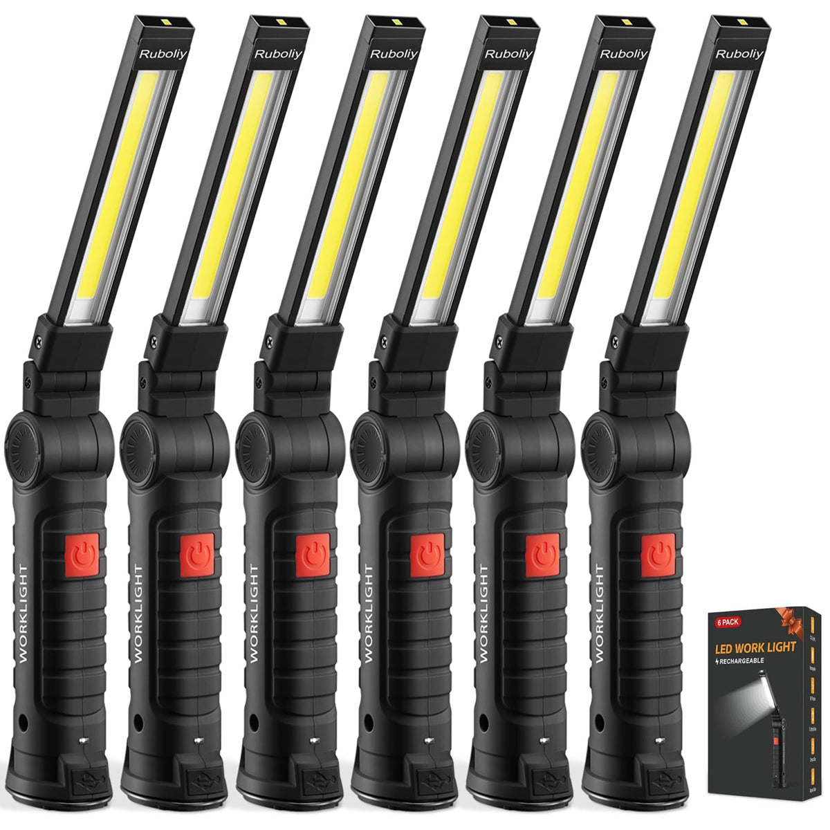 Ruboliy Magnetic Work Light 6Pack, Rechargeable LED Work Light with 360° Rotation, 5 Mode Mechanic Light, Compact Rechargeable Flashlight with Hook for Car Repairing, Emergency, Fathers Day Dad Gifts
