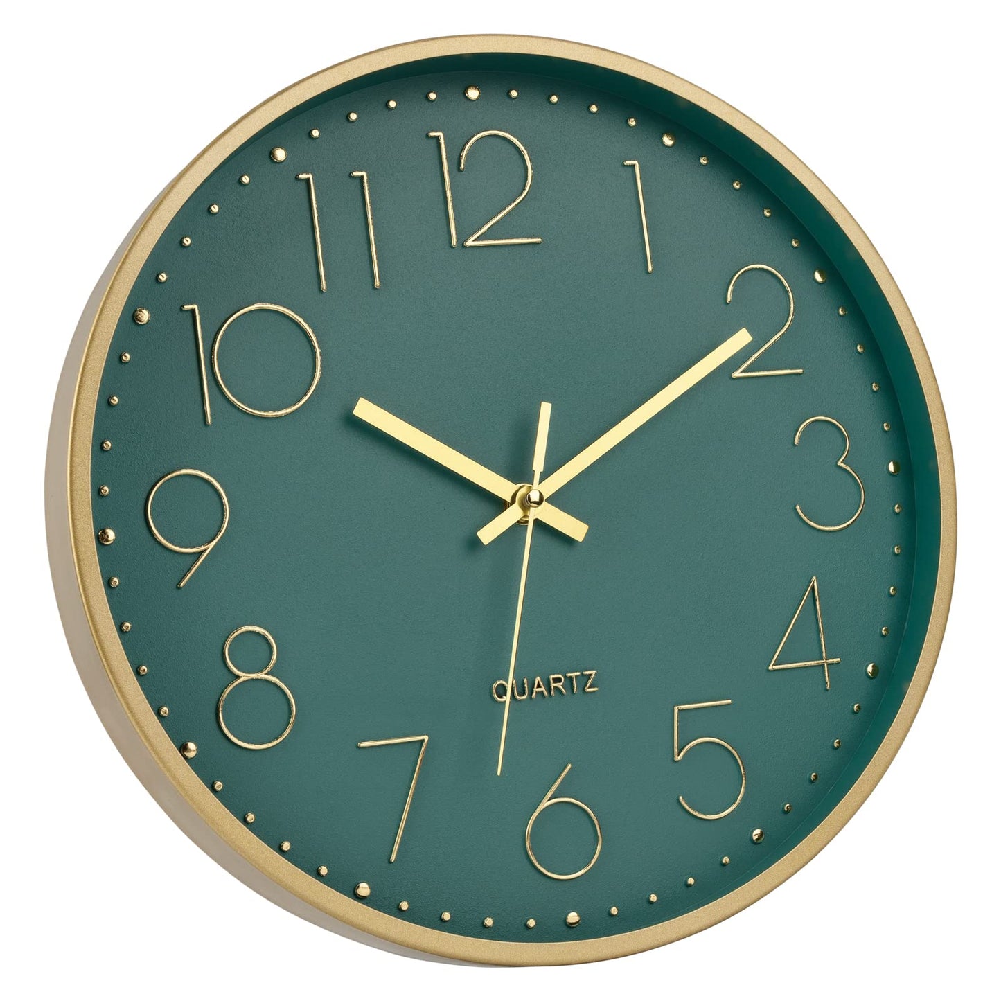 Foxtop Modern Wall Clock 12 Inch Silent Non Ticking Battery Operated Round Quartz Gold Wall Clock for Living Room Bedroom Kitchen Office Classroom Decor (Dark Green Dial)