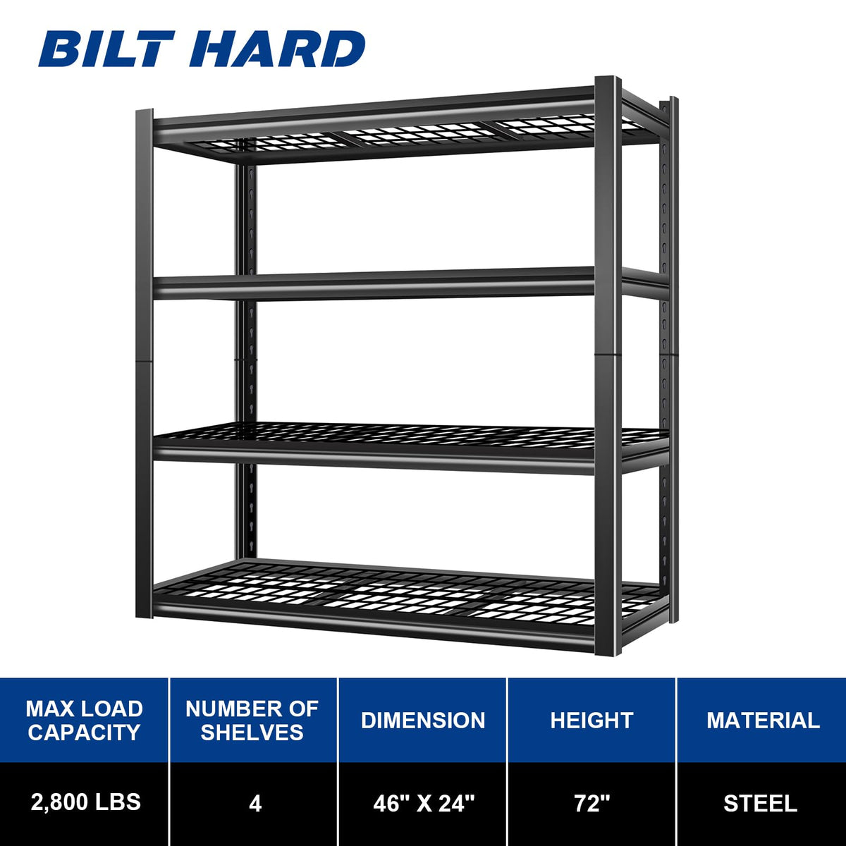 BILT HARD 4-Tier Metal Garage Storage Shelves, 46" W x 24" D x 72" H Industrial Heavy Duty Garage Shelving with Adjustable Shelf, Steel Utility Shelves for Warehouse, Workshop, Basement