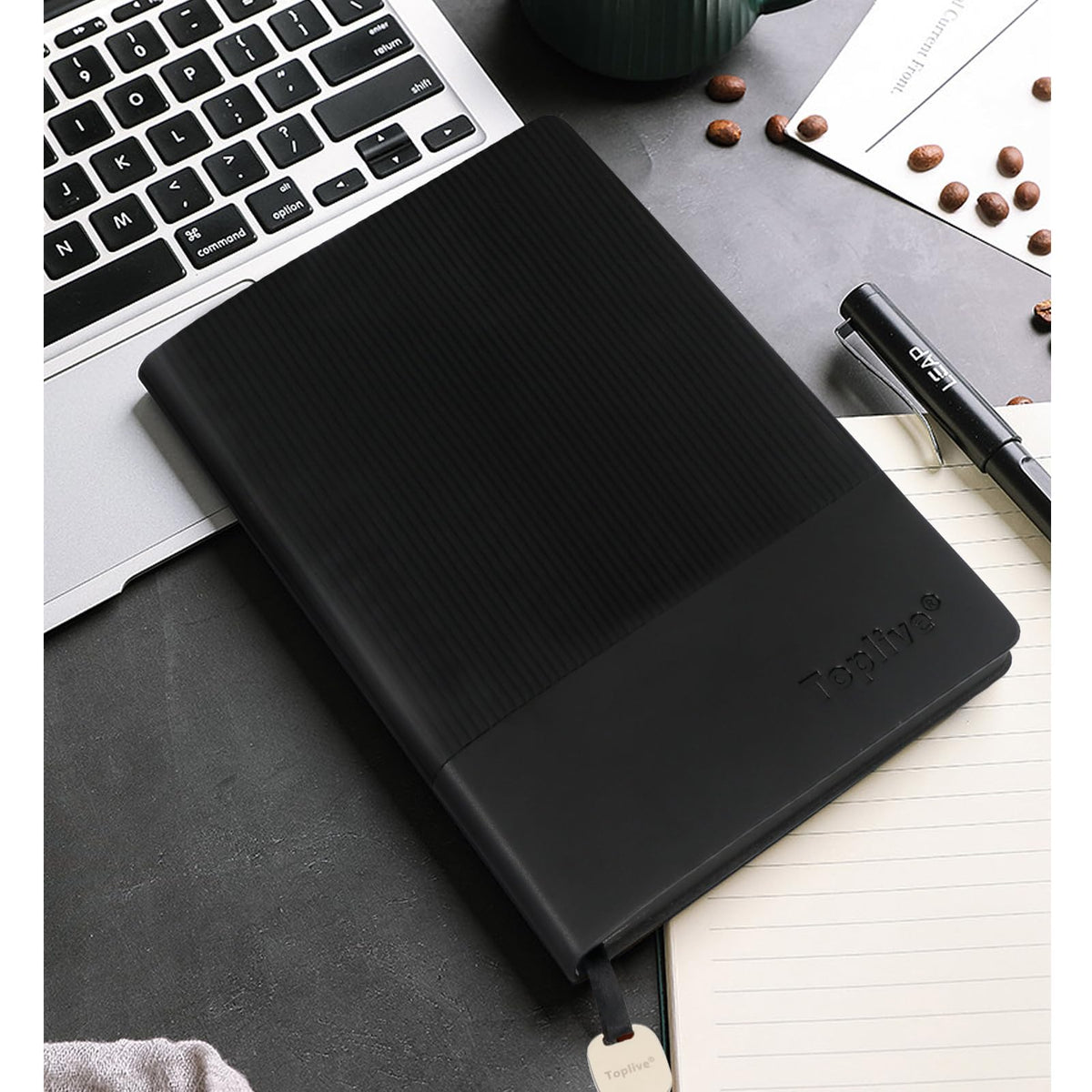 Toplive A5 Journal Notebook Soft Flexible Leather Cover, Premium Thick Lined and Blank Paper Double Layout 8.26" x 5.7" with Metal Bookmark, Black