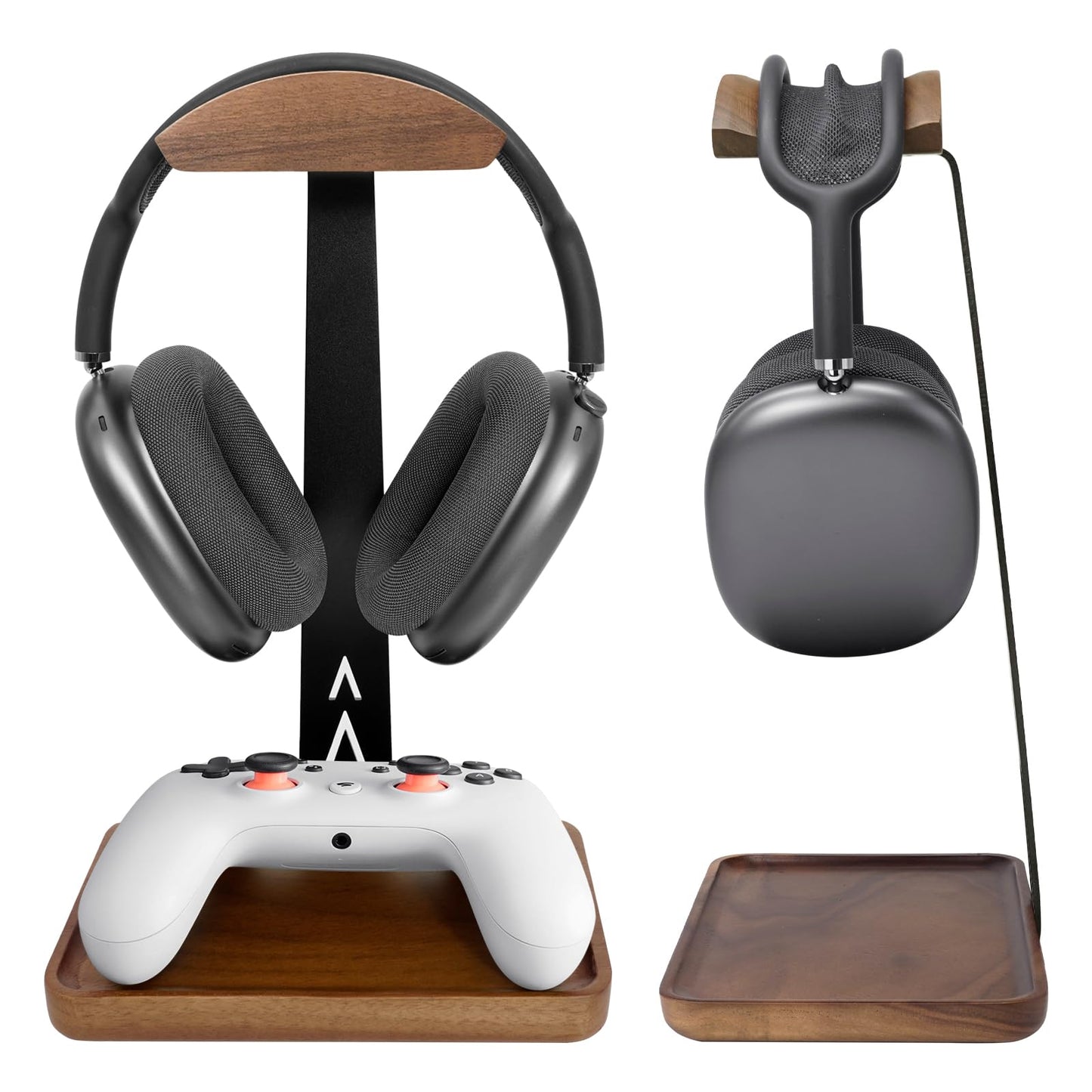 GEVO Walnut Headphone Stand, Wood Headset Stand for Desk, Universal Headphone Holder Gaming Headset Rack with Storage Base Compatible for AirPods Max, Bose, Razer, Sennheiser, Jabra, JBL, AKG