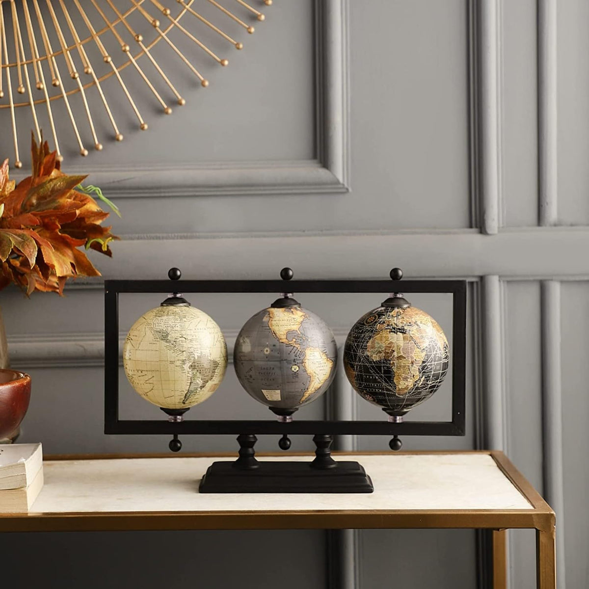 Rely+ Set of 3 4'' Earth Globe for Desk Elegant Office Decor World Globe Sturdy Metal Stand (NOT PLASTIC!) - Rotating Desktop Globes For Geographic Home Table Gift for Adult Decorative Book Shelf