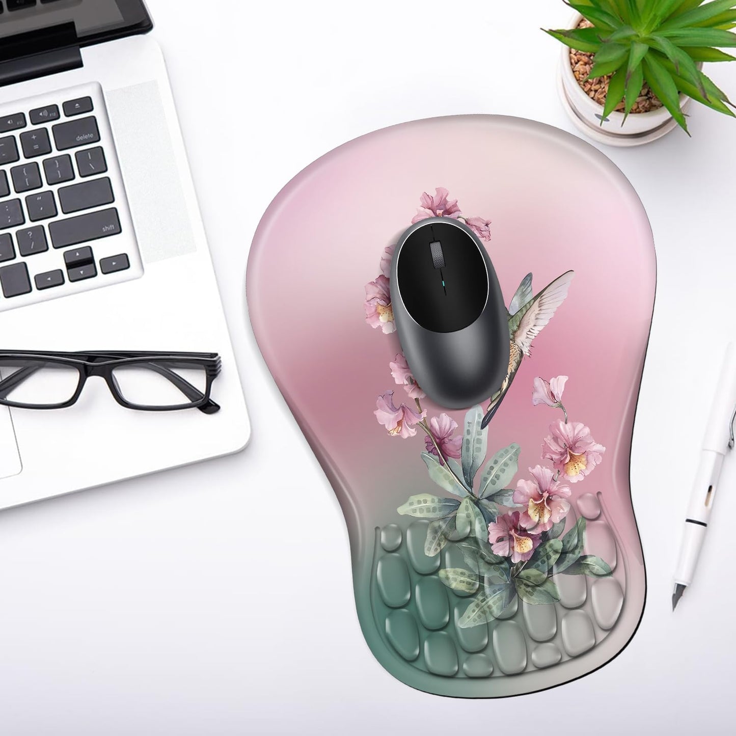 YIWEI Ergonomic Mouse Pad with Wrist Rest - Comfortable Office Mousepad with Memory Foam Wrist Support for Carpal Tunnel Relief, Mouse Pads with Non-Slip Base for Gaming and Home (Hummingbird)