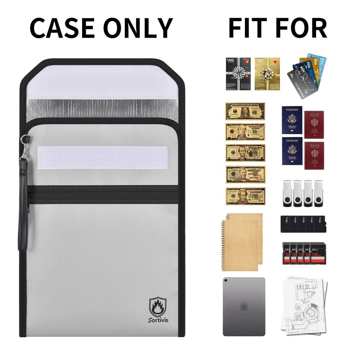Sortivis Expandable Fireproof Document Bag for Important Documents, Vertical File Organizer with Front Pocket, Water-Resistant Document Holder for Passport, Certificates, Legal Papers & Tablet (Case)