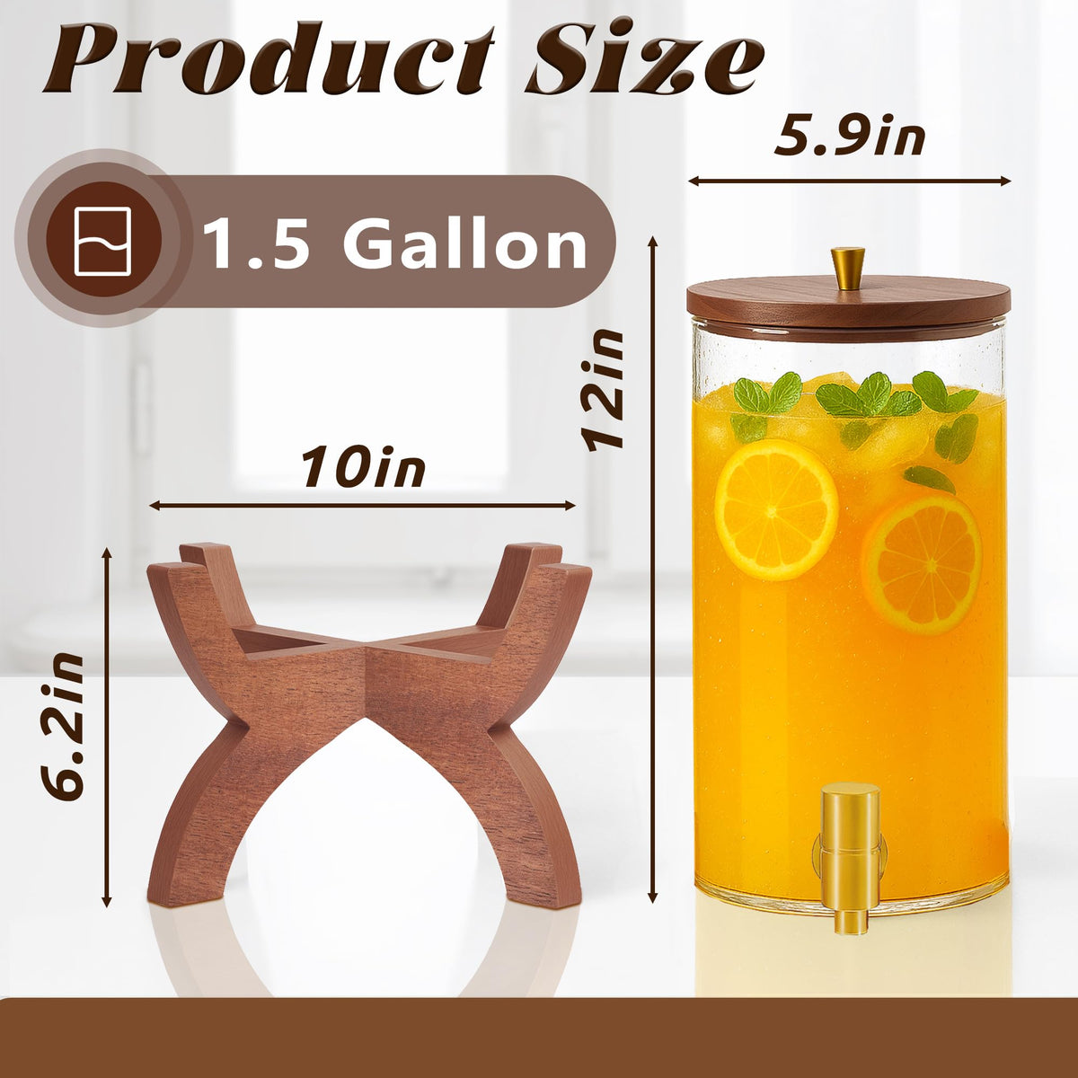 VERSSURE Glass Drink Dispenser,1.5 Gallon Beverage Dispenser with Stand,Lemonade Dispenser with Stainless Steel Faucet,Drink Dispensers for Parties, Bars and Home (Cross Stand)