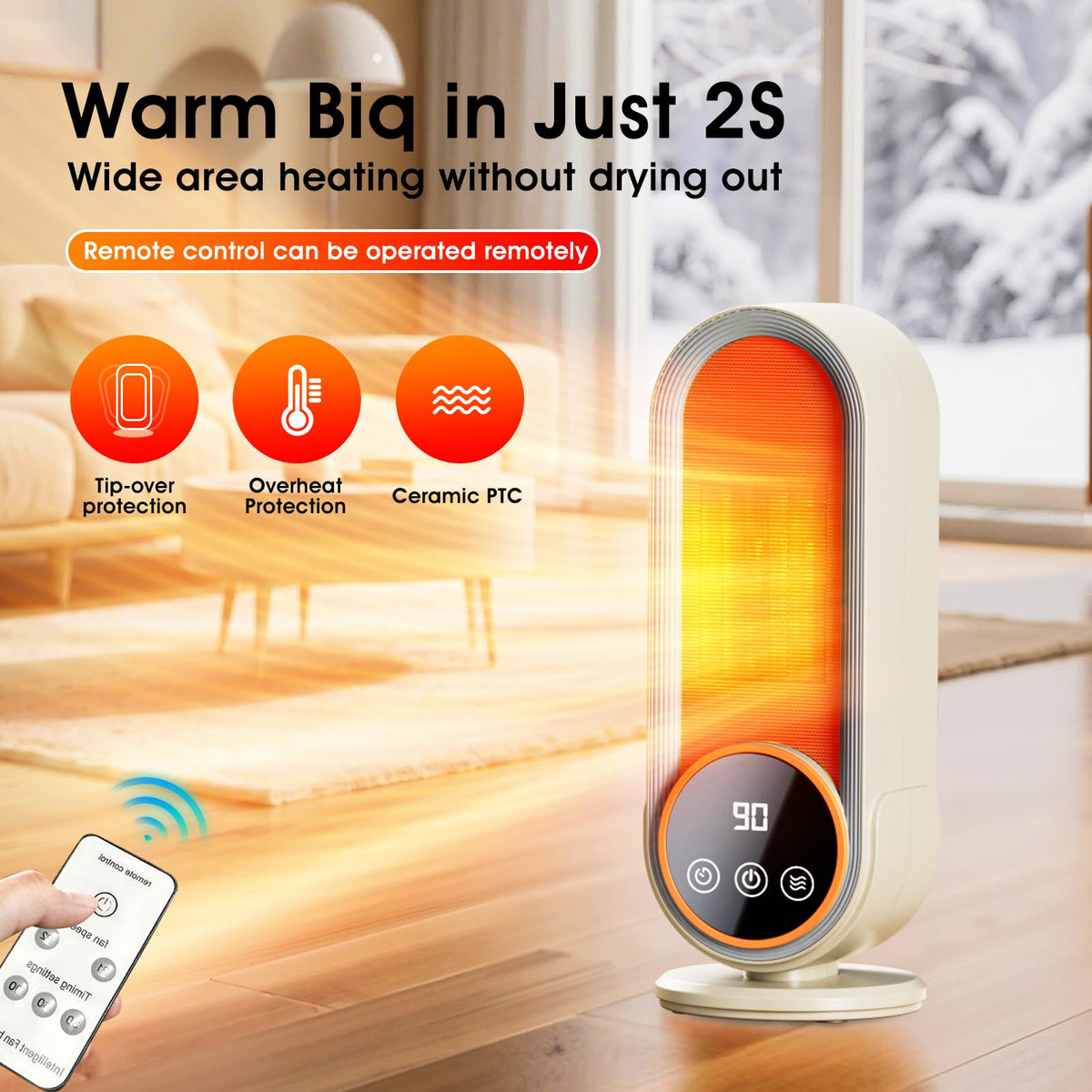 Space Heater Indoor - Energy Efficient Portable Heater with Adjustable Thermostat,1200W PTC Rapid Heating Ceramic Technology with Remote,Intelligent Timing
