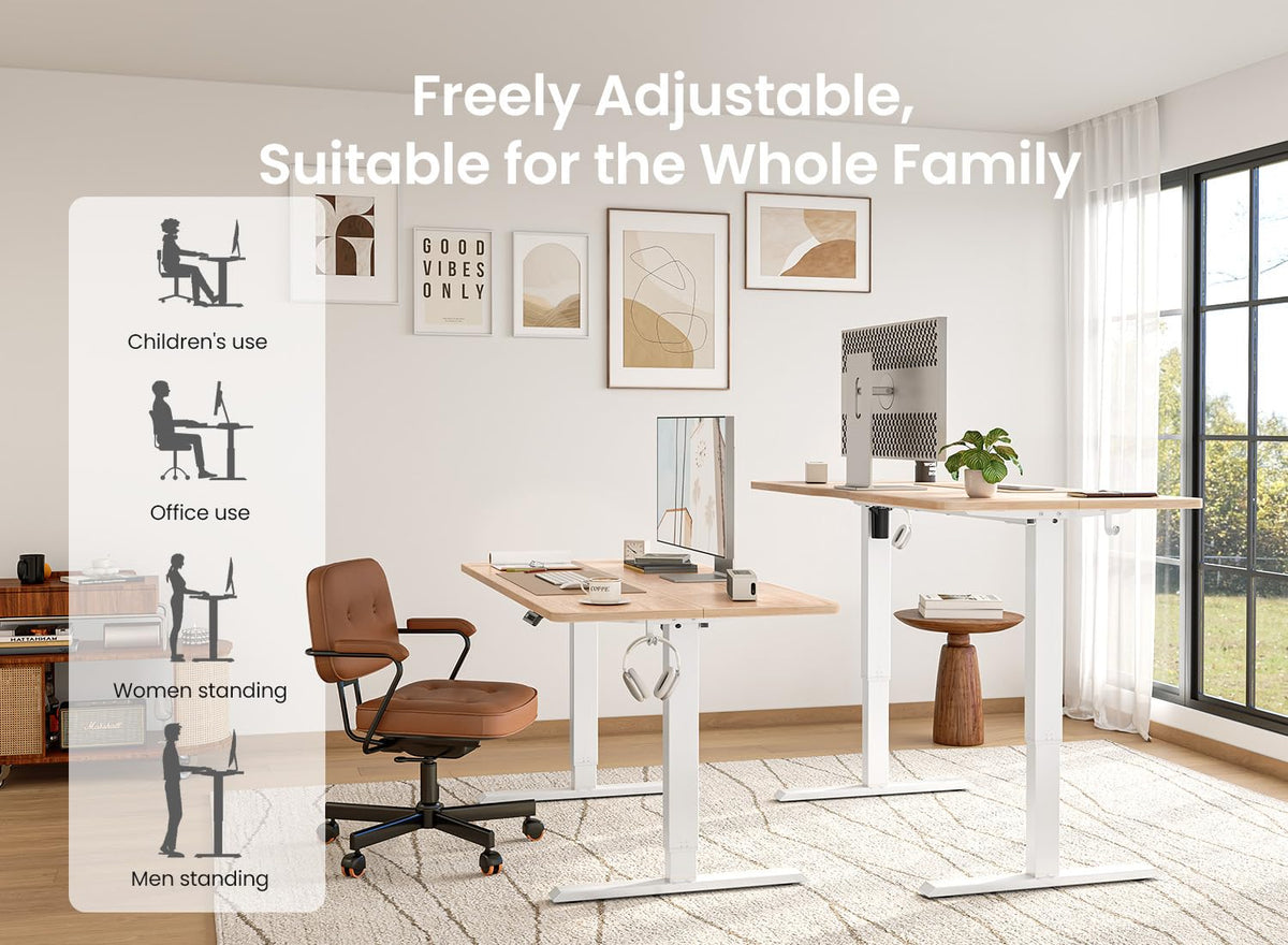 BANTI 48 × 24 Inches Standing Desk, Ergonomic, Electric Height Adjustable, Sit and Stand Up, Computer Office Desk with Splice Board, White Frame/Maple Top