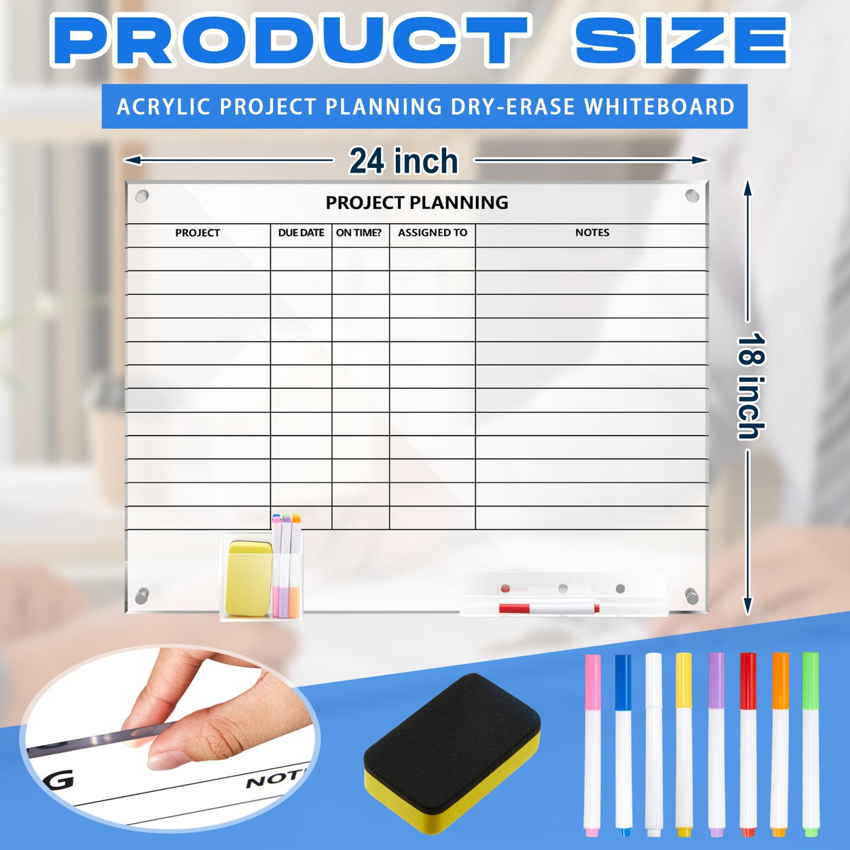 Lincia Acrylic Project Planning Board, 24 x 18 Inch Clear Wall Schedule Dry Erase Board with 8 Markers and Eraser, Whiteboard Planner with Lines for Home Office Project and Family Organization