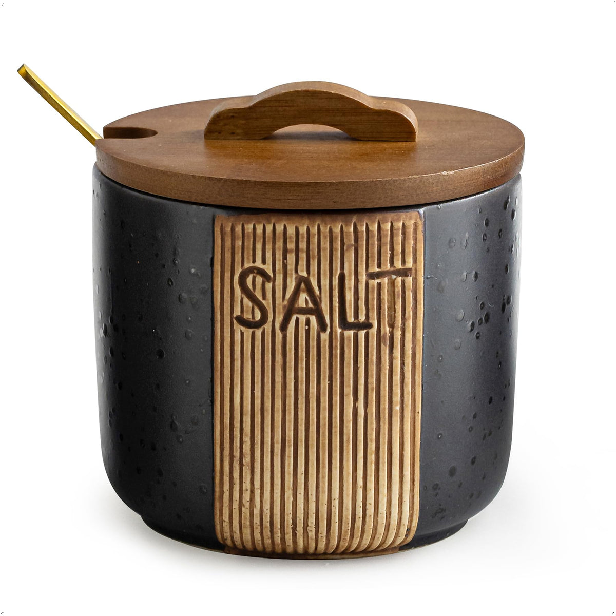 YHOJOY Salt Container for Countertop, Ceramic Salt Cellar with Lid & Spoon, Farmhouse Salt Bowl for Mother's Day, 10 OZ, Black