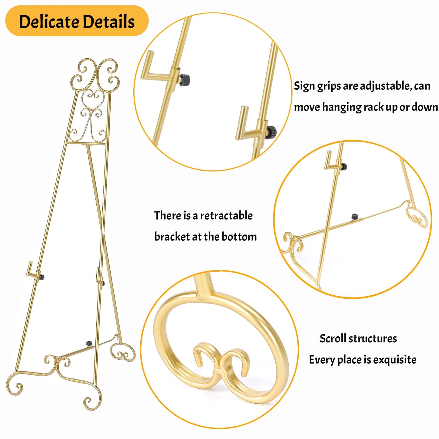 Metal Large Free Standing Adjustable Display Stand Scroll Easel with Chain Support, Gold Easel Stand for Sign, Heavy Duty Easel for Mirror, Wedding, Picture Frame (No Installation Required)