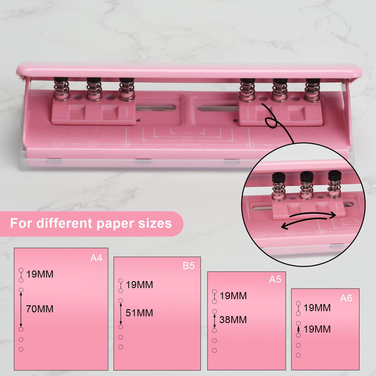 Adjustable 6-Hole Punch - Metal Hole Puncher for A4/A5/A6, Personal & Pocket Planners - 6-Ring Binder Puncher 6-Sheet Capacity, Non-Slip Base, with Ruler & Hole Guide (Pink)