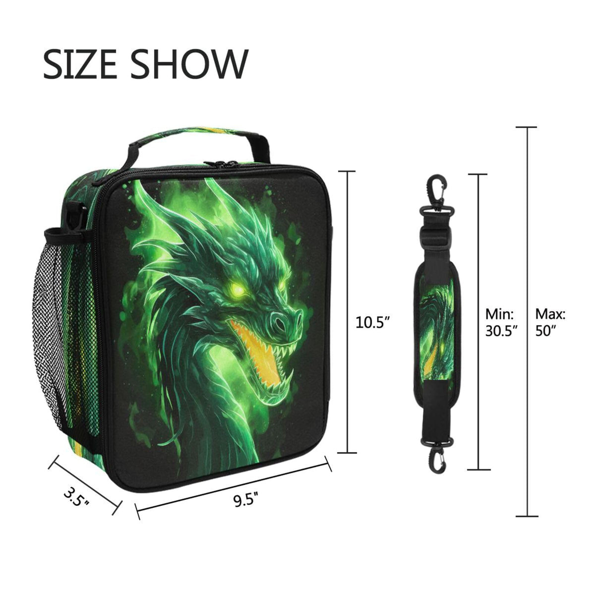 Qinllo Fire Dragon Green Black Lunch Box Bag Large for Boys Girls Kid Insulated Lunch Bags Food Container Reusable Lunchbox Expandable Zip Lock Bag Organizer for Men Women Office Picnic School